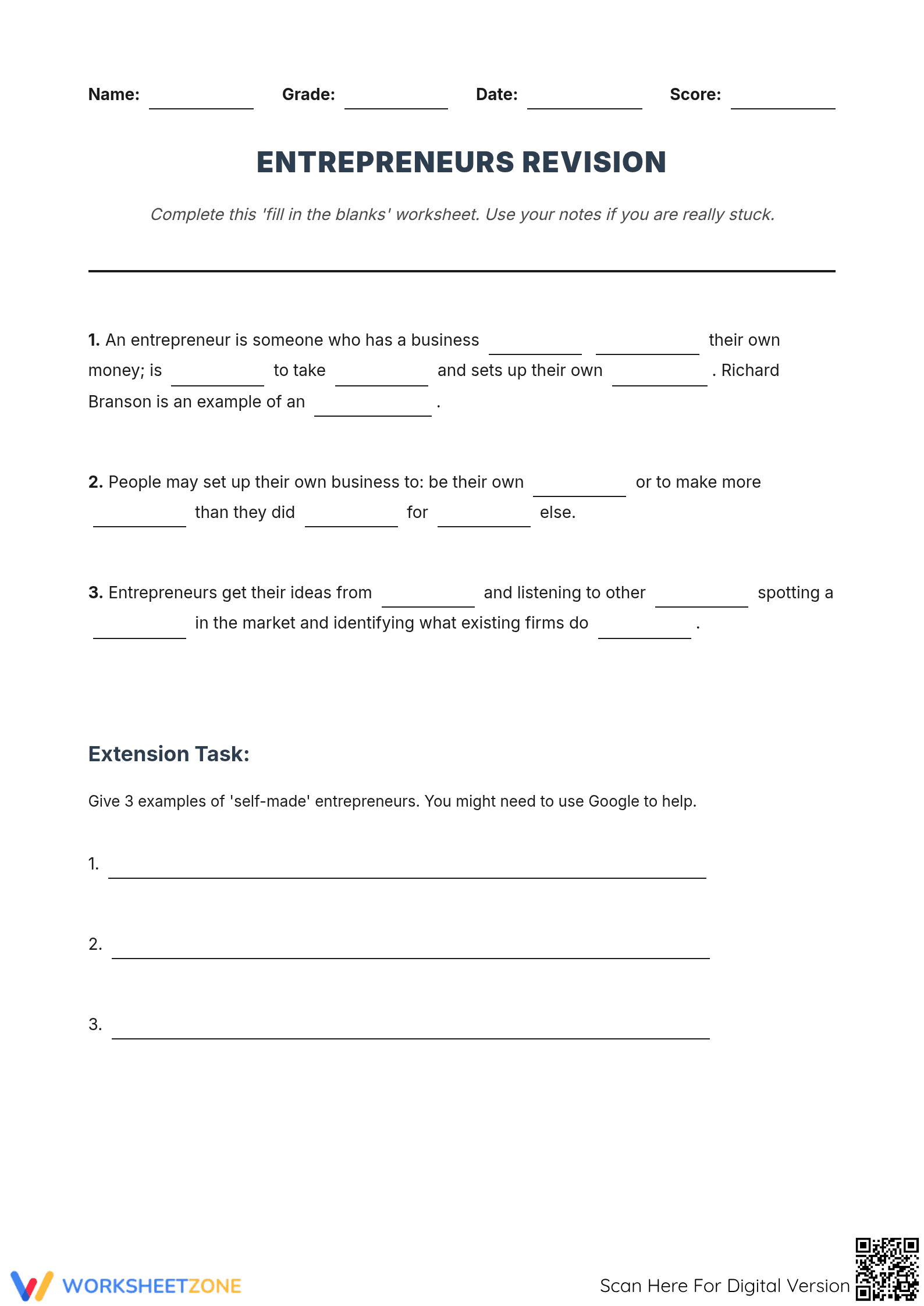 Essential Entrepreneurs Vocabulary Worksheet | Grade 10 - Page 1