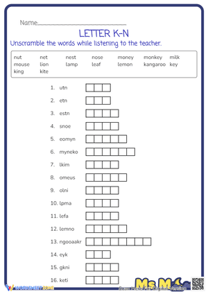 Printable Letter K-N Word Scramble | Grade 1