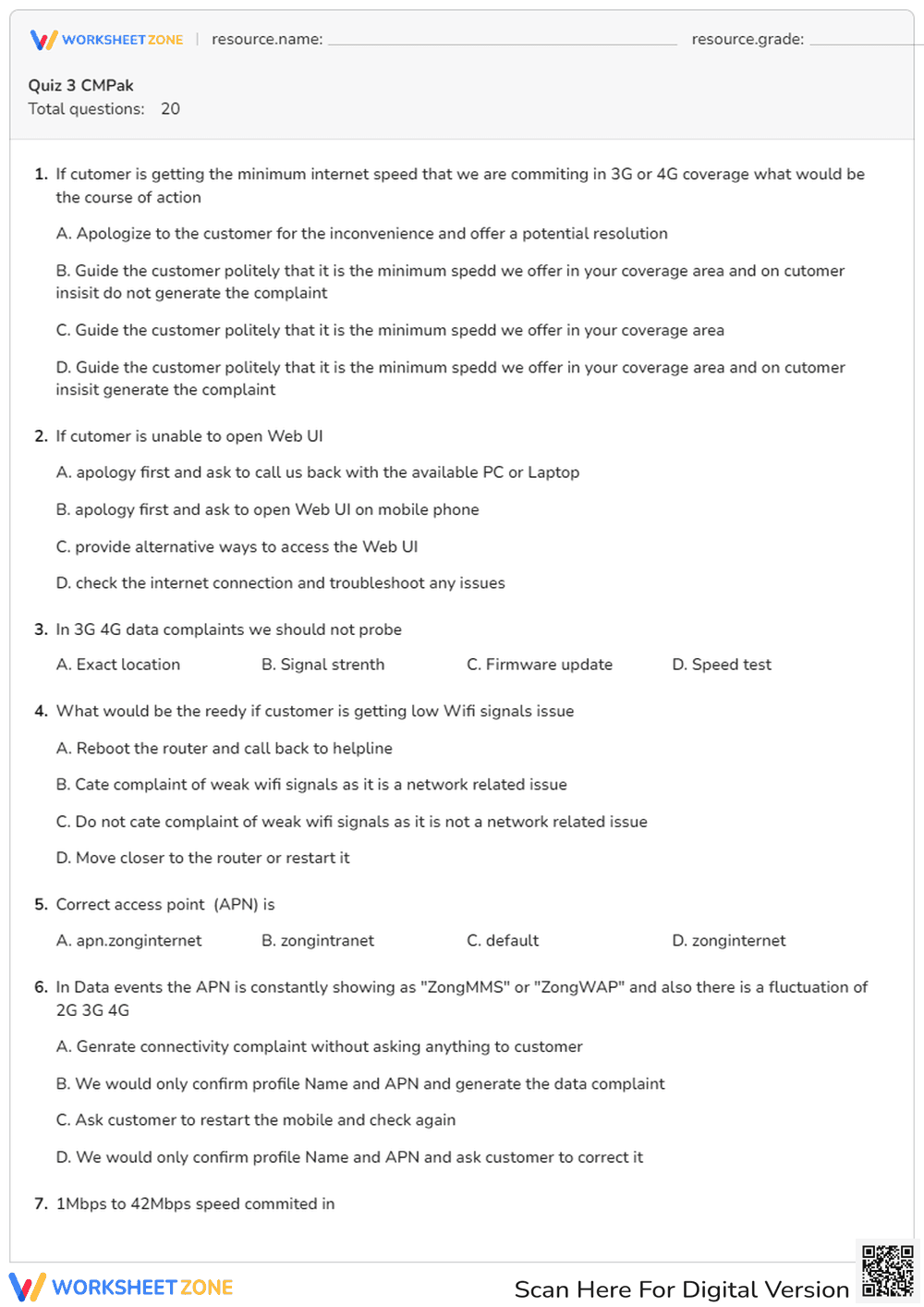 Printable Telecom Customer Service Quiz | College - Page 1