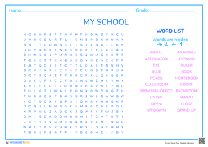 My School Word Search | Grade 2 Essential Worksheet