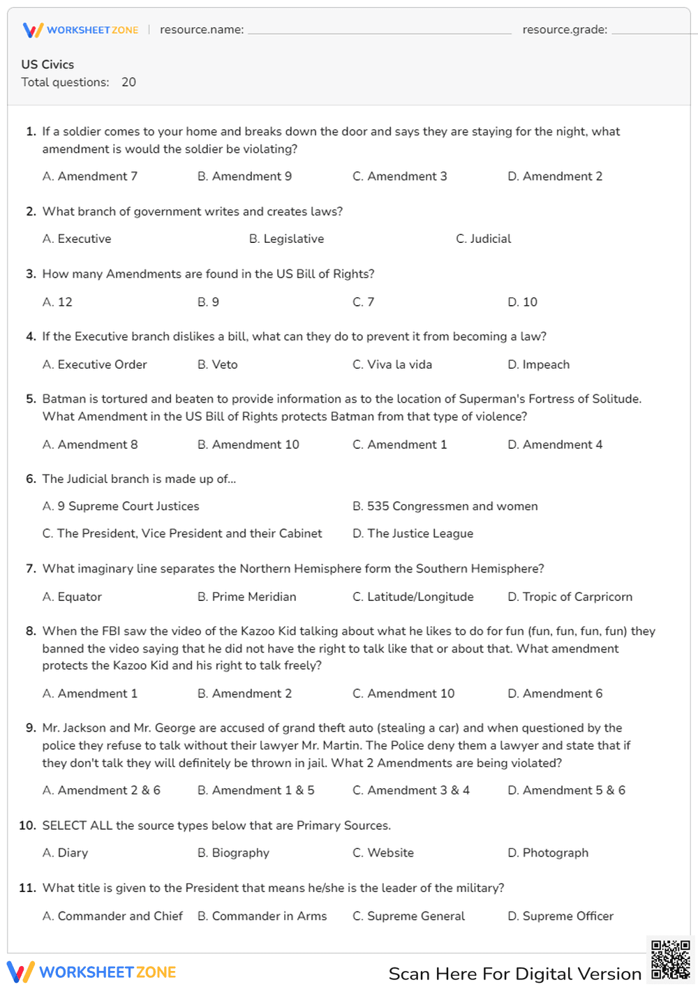 U.S. Civics & Bill of Rights Quiz - Page 1