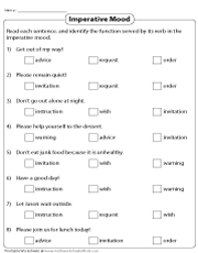 Printable Verb Moods Worksheet | Grade 8 ELA