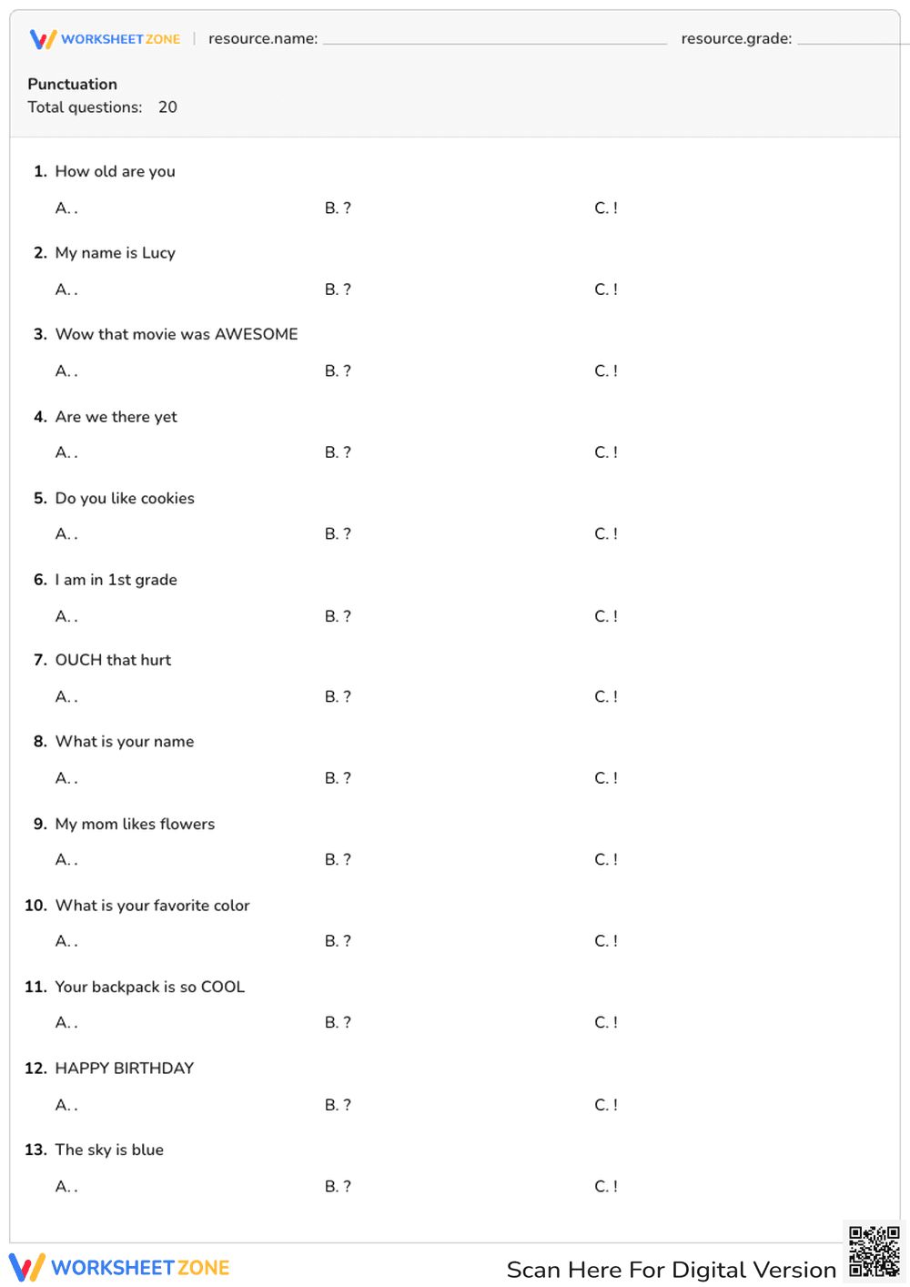 Identify the Right Punctuation: Period, Question Mark, or Exclamation - Page 1