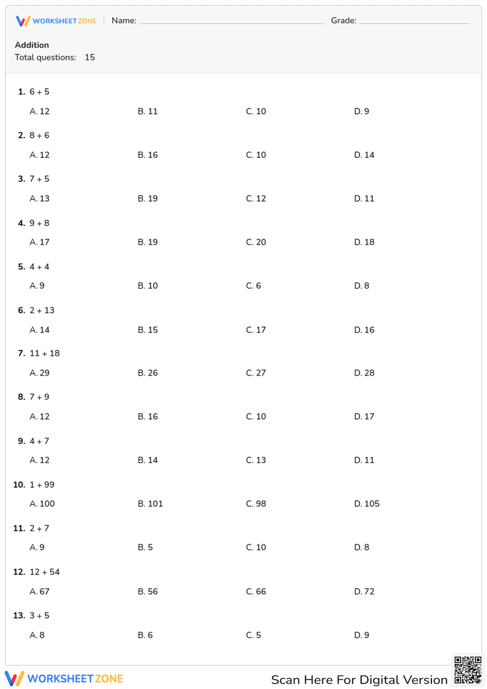 Addition Test – Multiple-Choice Format - Page 1