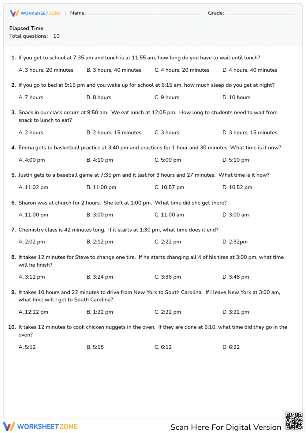 Grade 3-4 Elapsed Time — Printable No-Prep Worksheet - Page 1