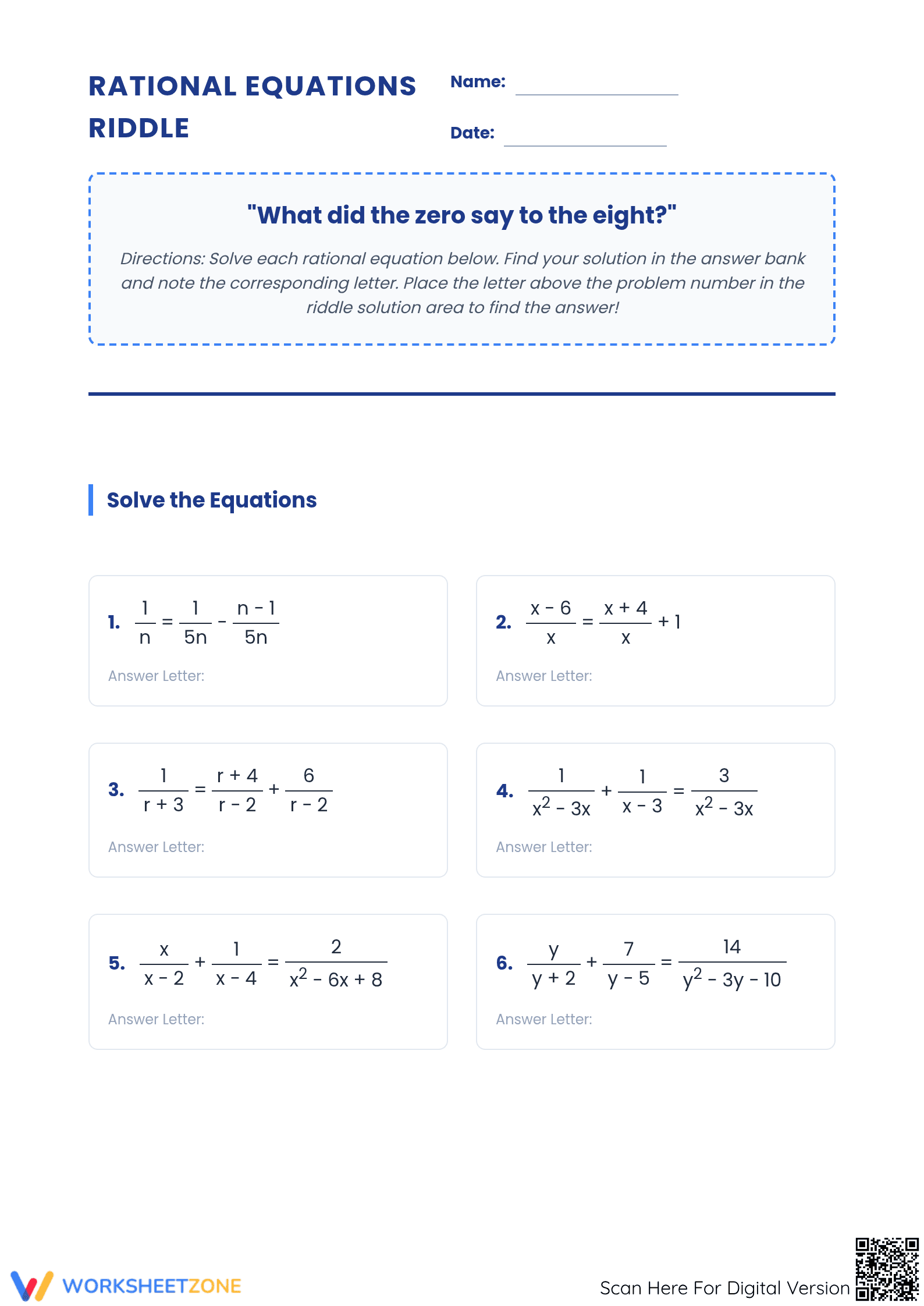 Grade 10 Rational Equations — Printable No-Prep Worksheet - Page 1