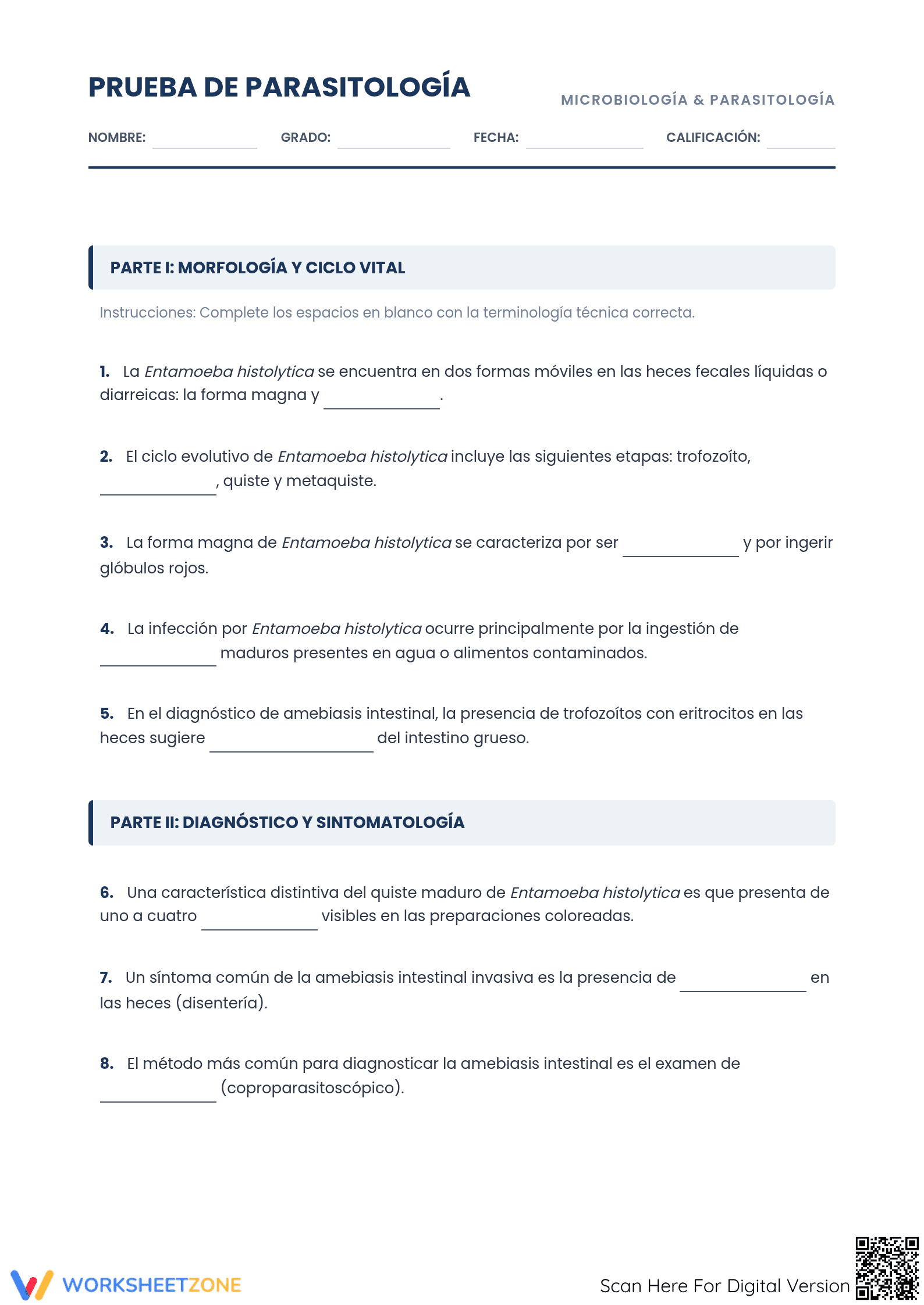 HS-LS1-2 Worksheet: Parasitología — Grade 12 Aligned - Page 1