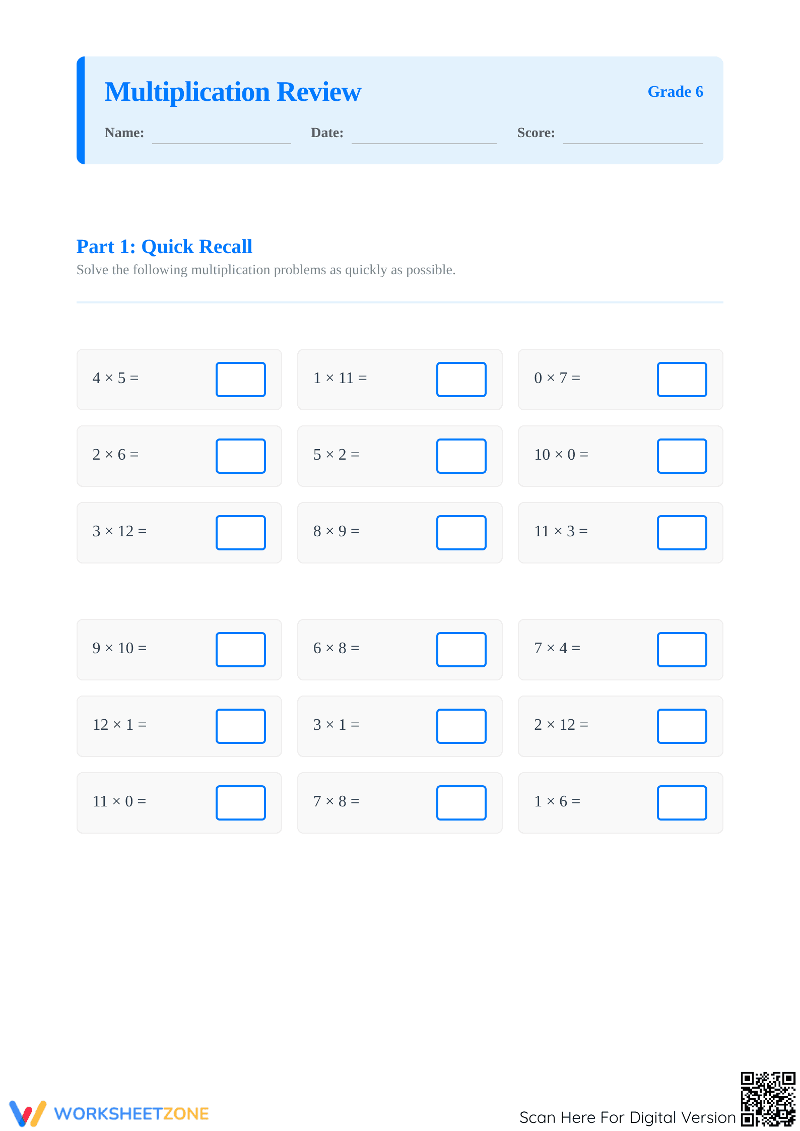 Essential Grade 6 Multiplication Review Worksheet - Page 1