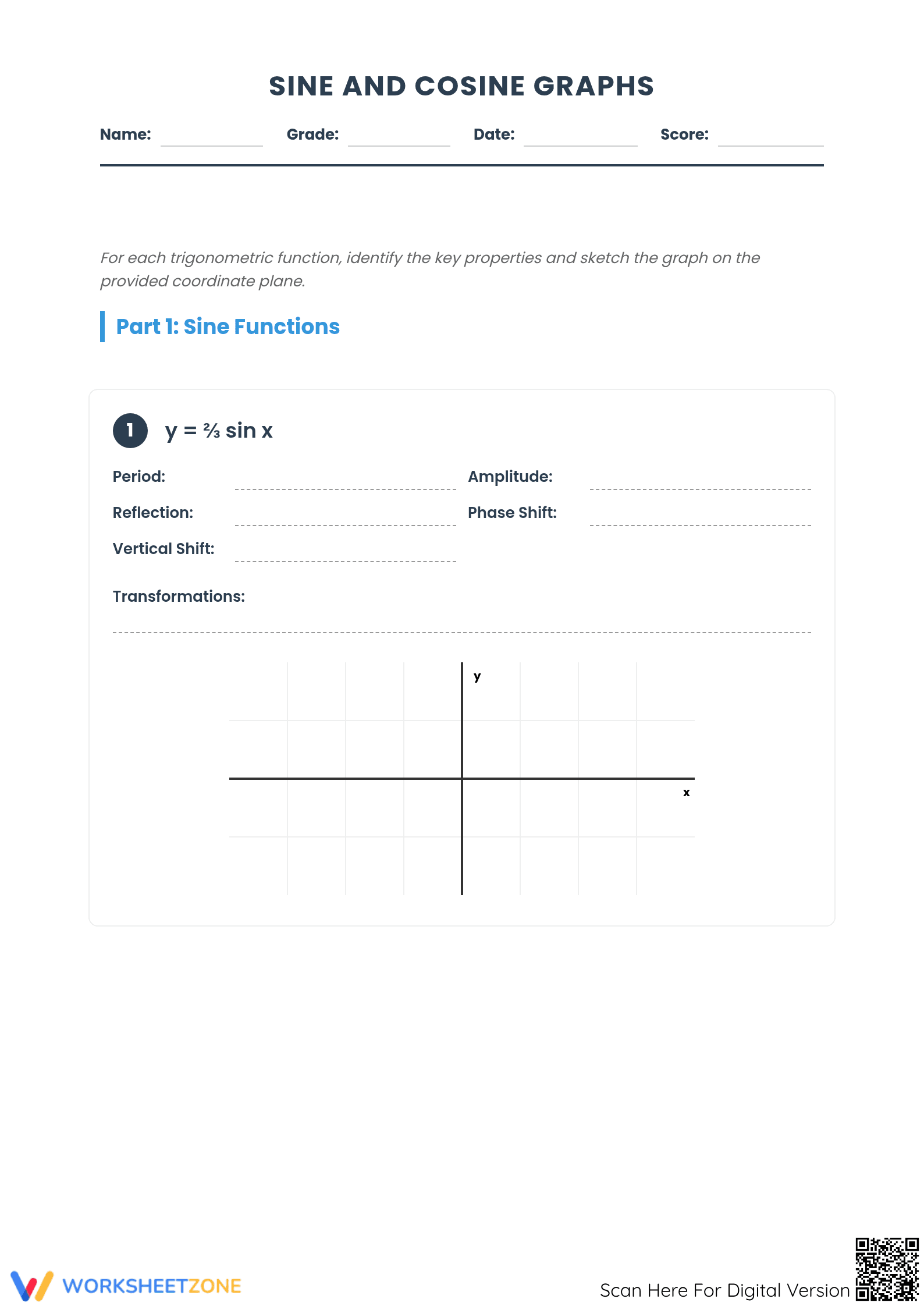 Graphing Sine and Cosine Worksheet | Grade 11 Math Printable - Page 1