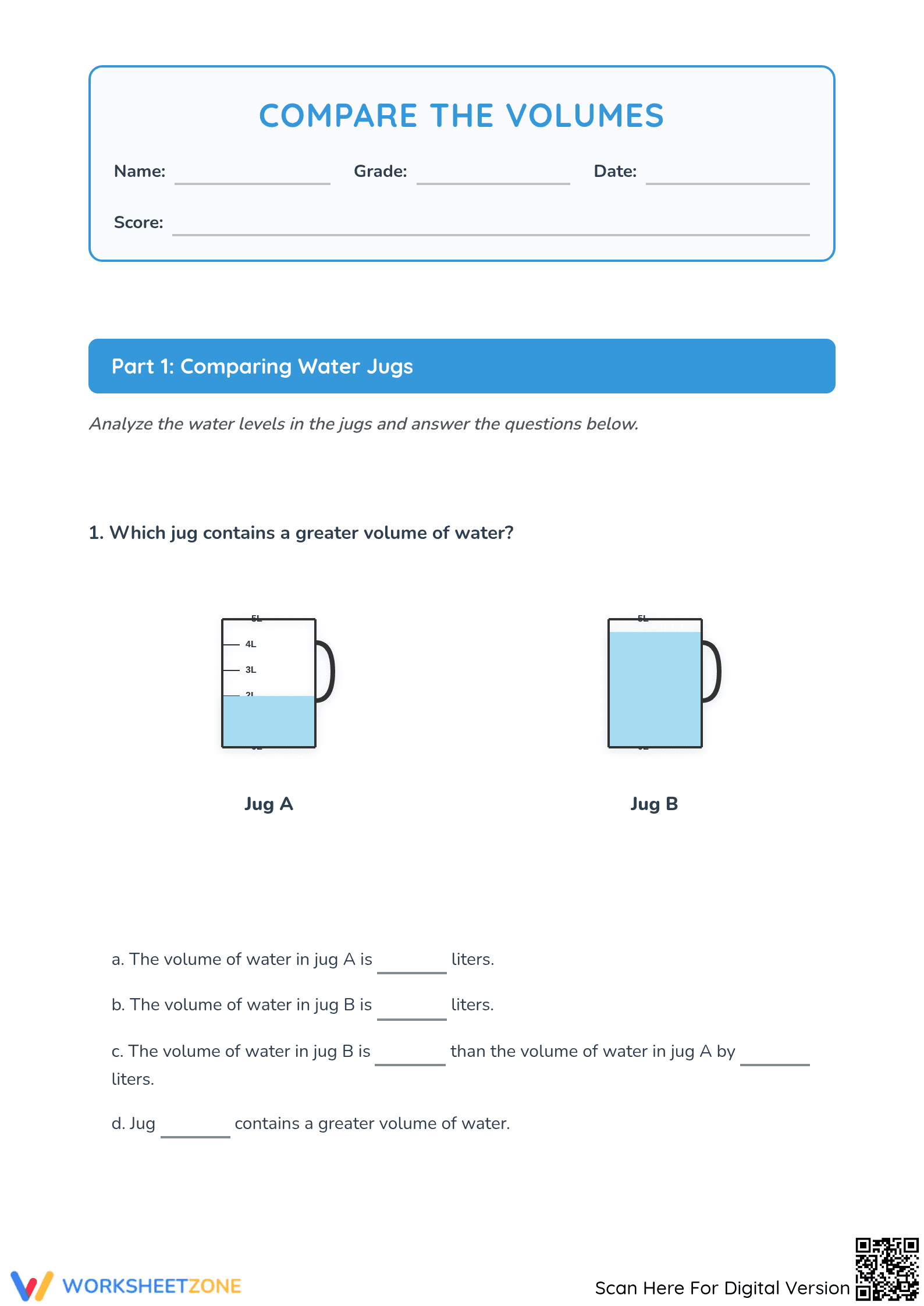 Compare the Volumes of Liquids | Essential Grade 3-5 Math - Page 1