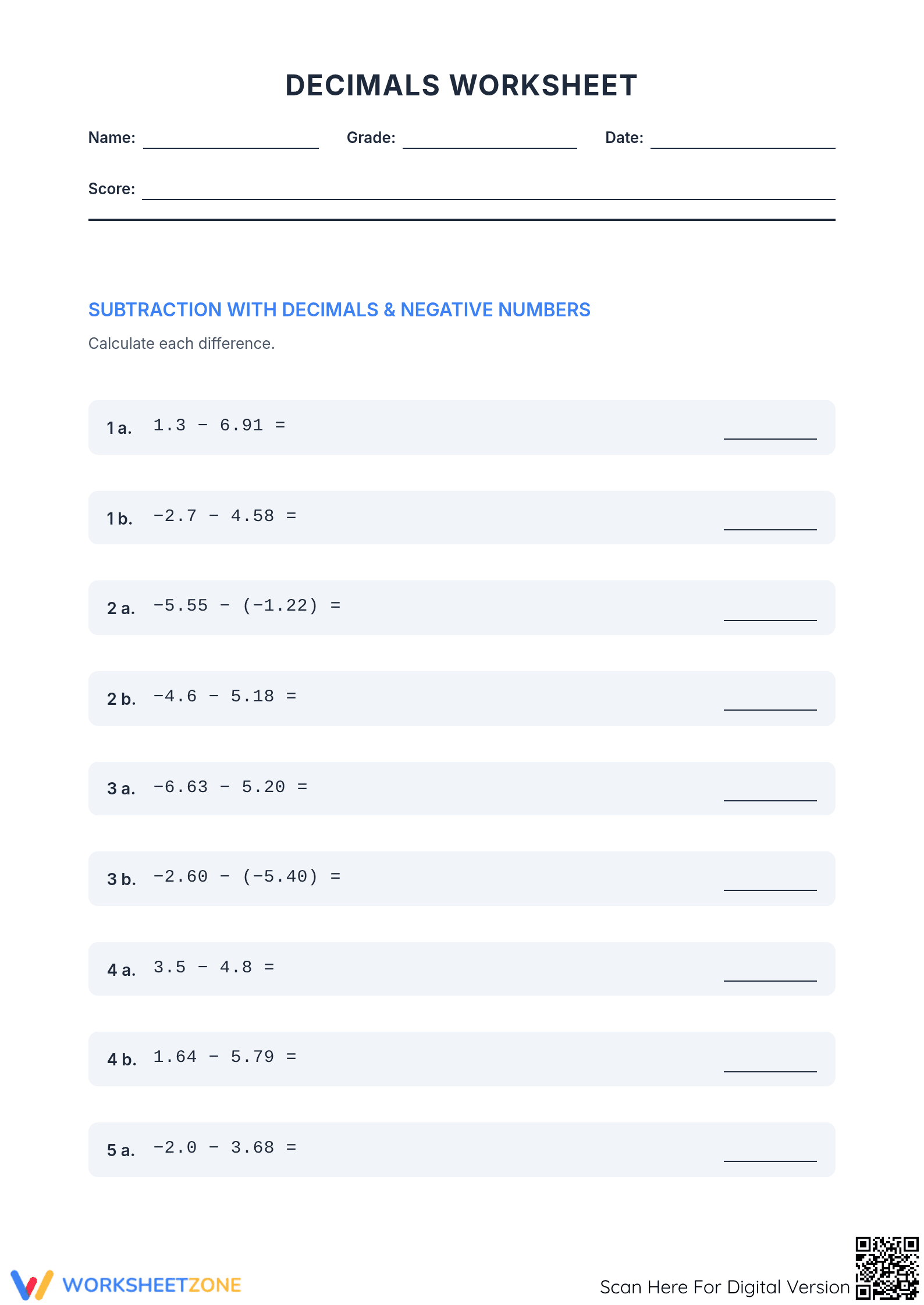 Essential Grade 7 Decimals & Negatives Printable Worksheet - Page 1
