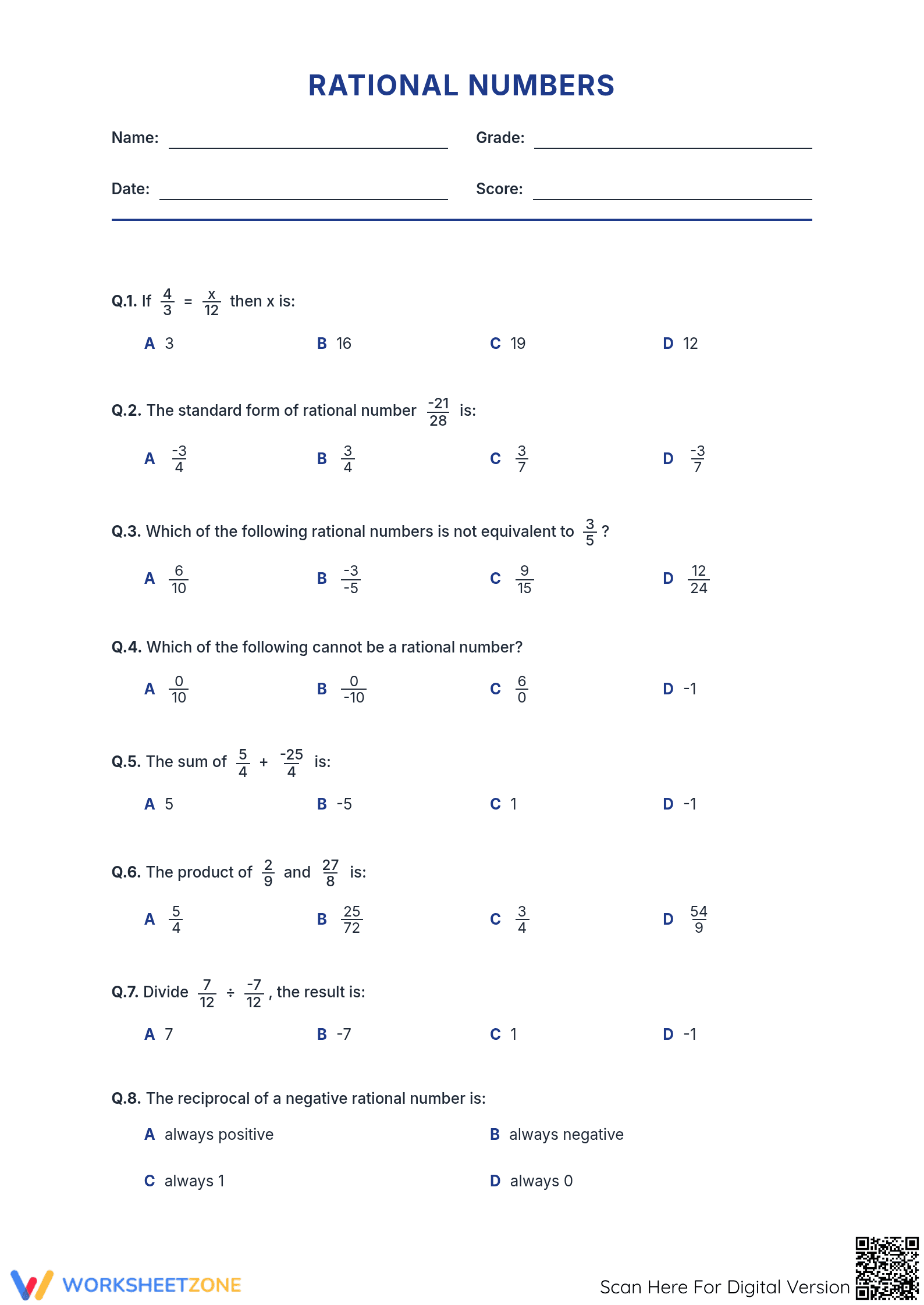 Rational Numbers Worksheet | Grade 7 Math Printable - Page 1