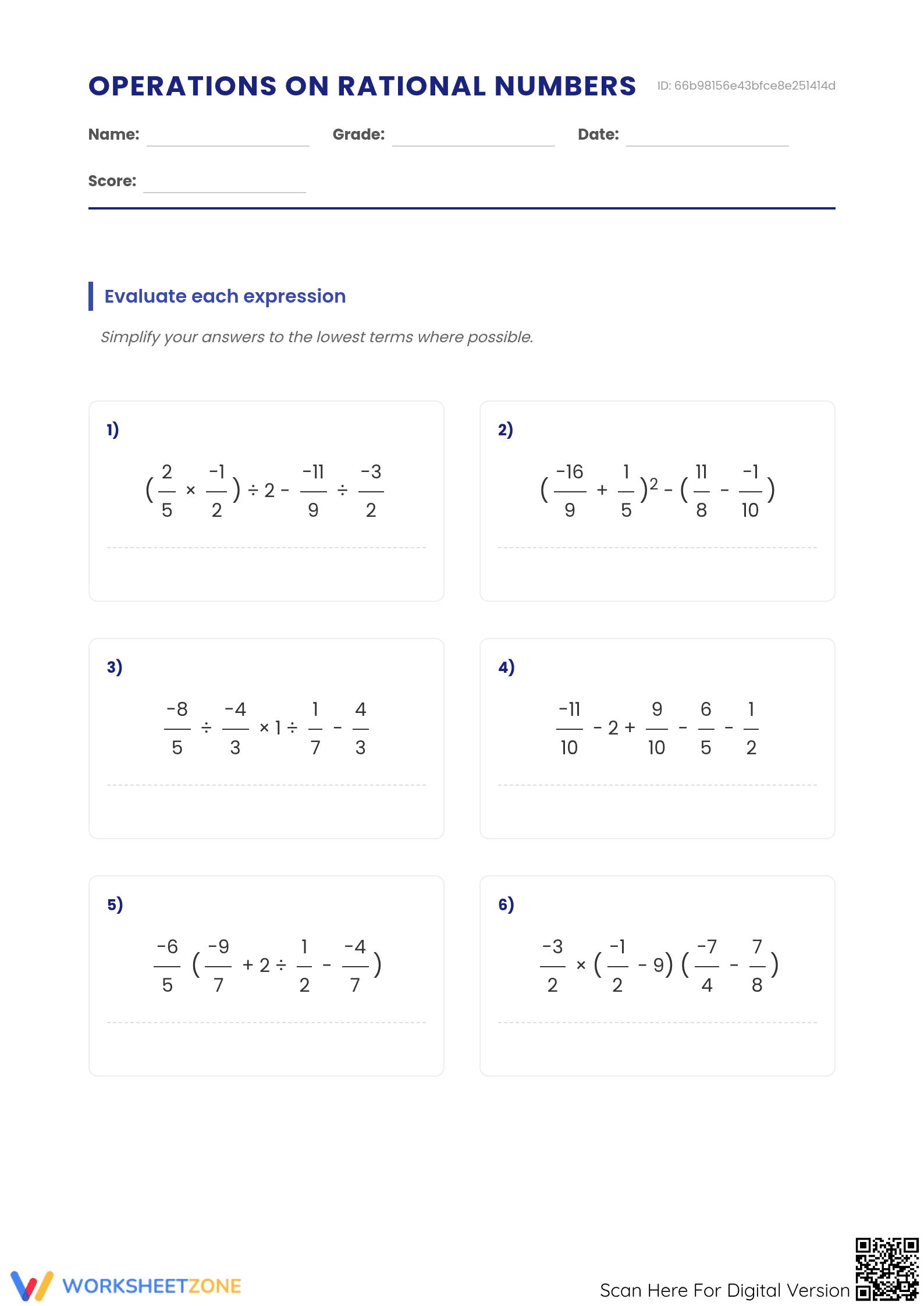 Operations on Rational Numbers Worksheet | Grade 7 Essential - Page 1