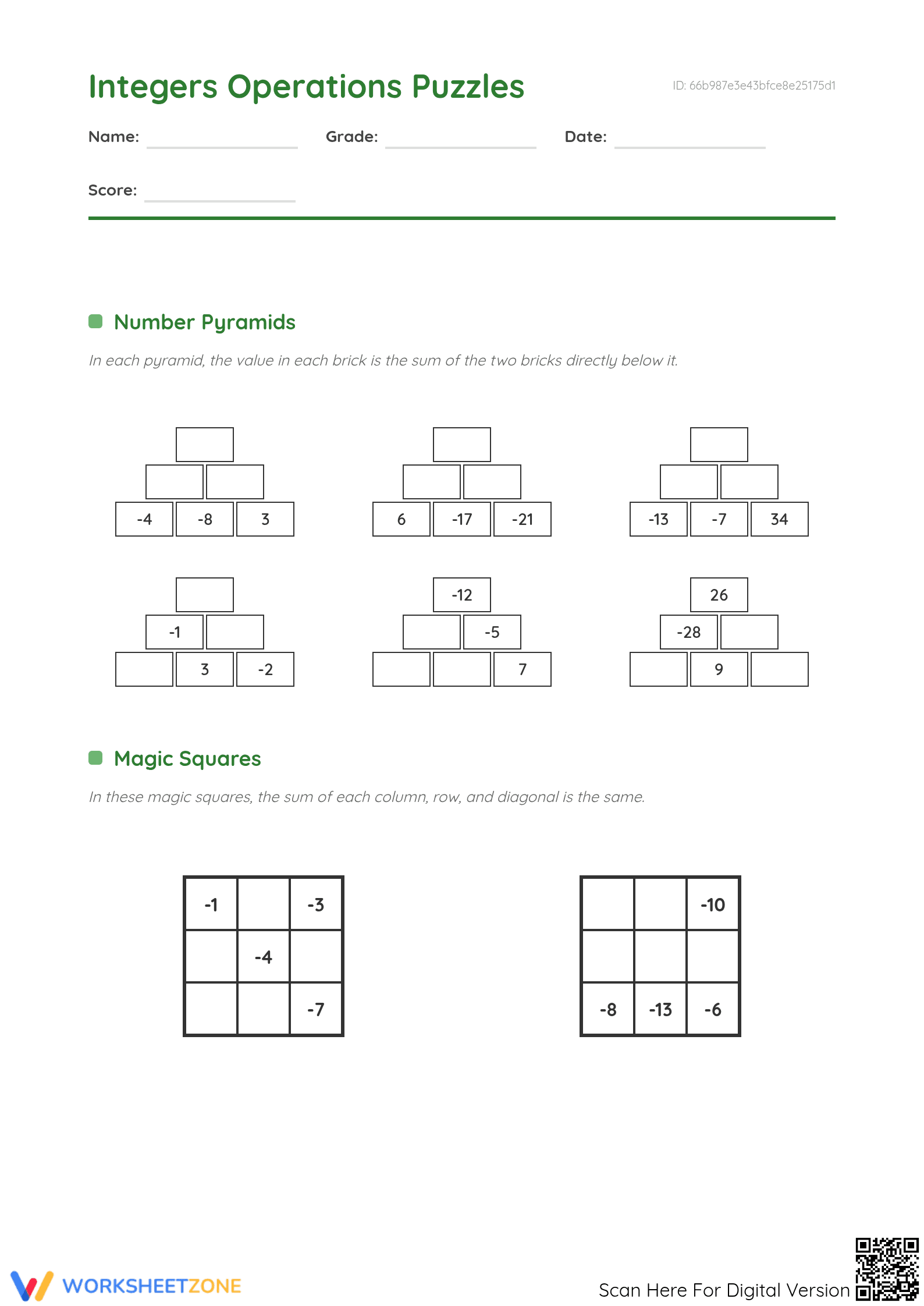 Grade 7 Integer Operations — Printable No-Prep Worksheet - Page 1