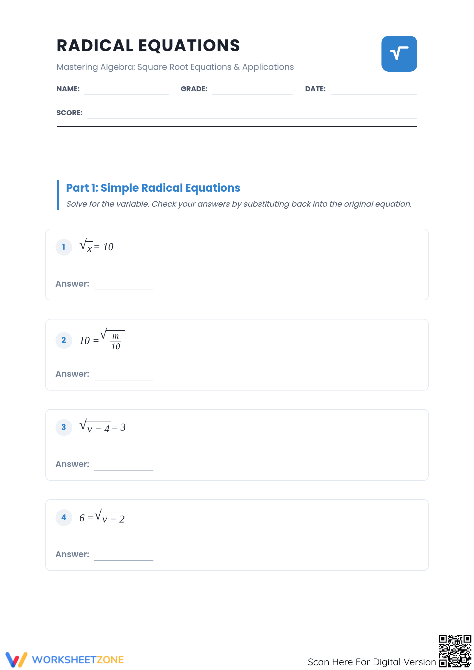 Printable Radical Equations Worksheet | Grade 8 Math - Page 1