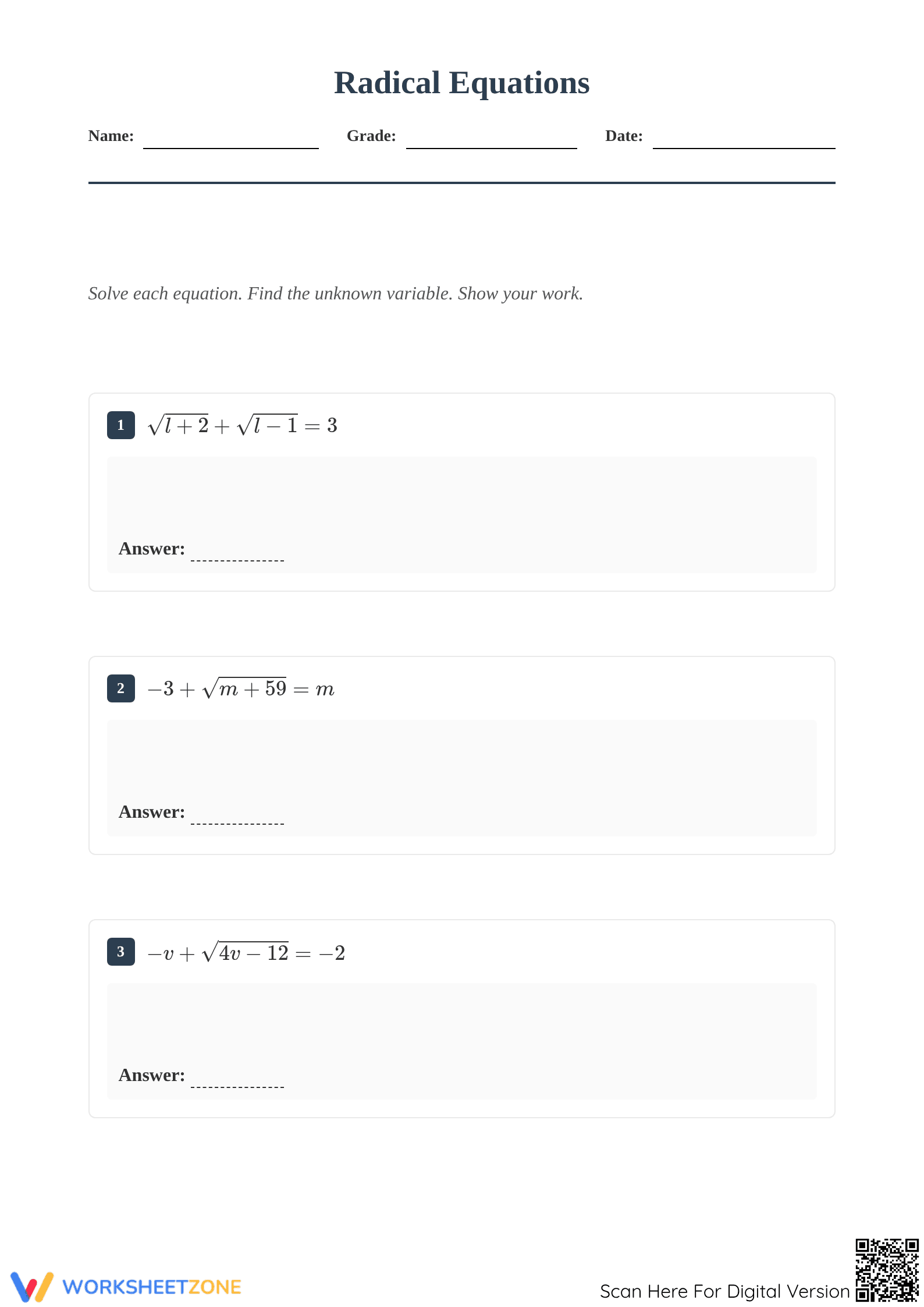 Solving Radical Equations Worksheet | Grade 9 Math Printable - Page 1