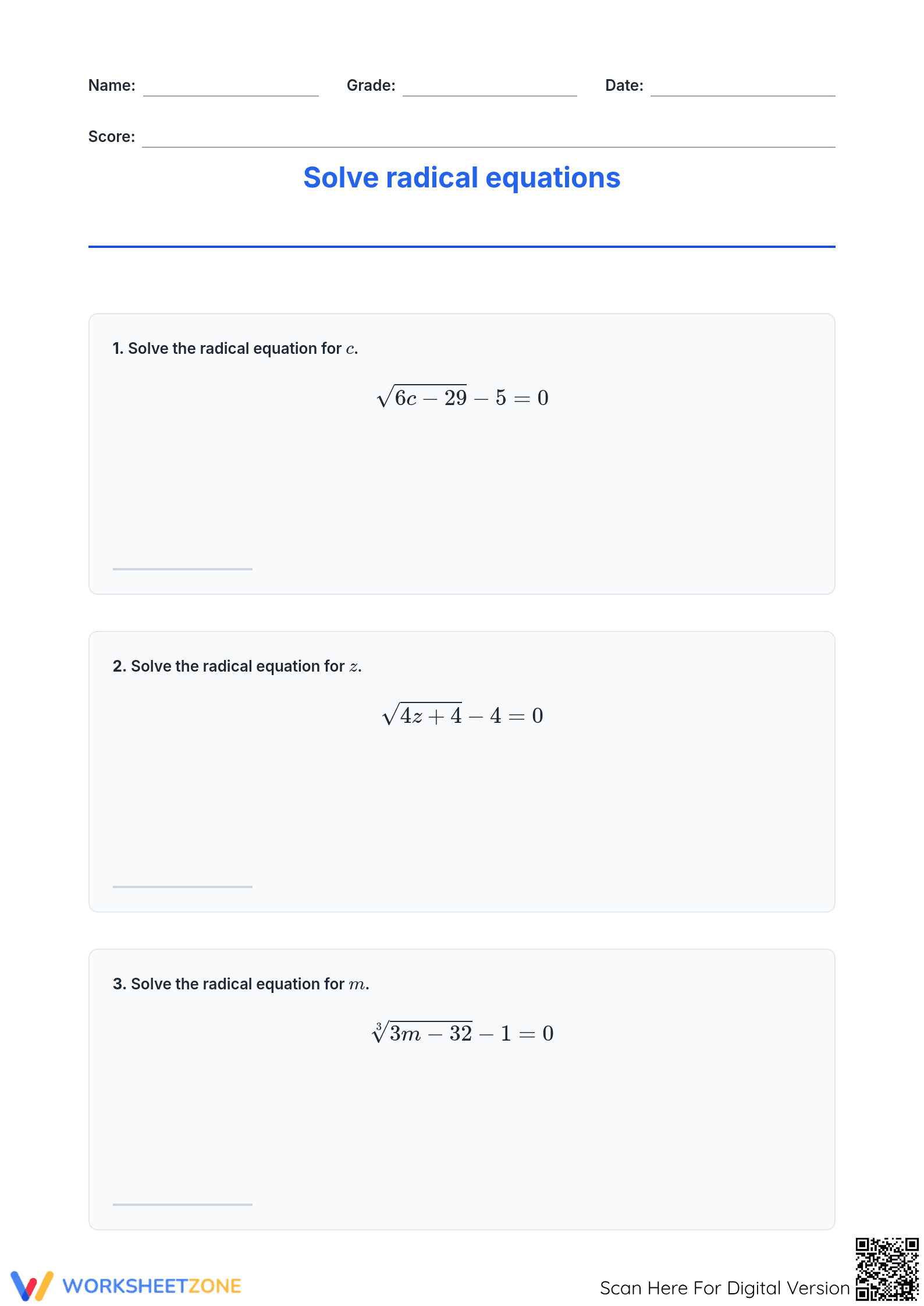 Solving Radical Equations Worksheet | Grade 9 Printable - Page 1