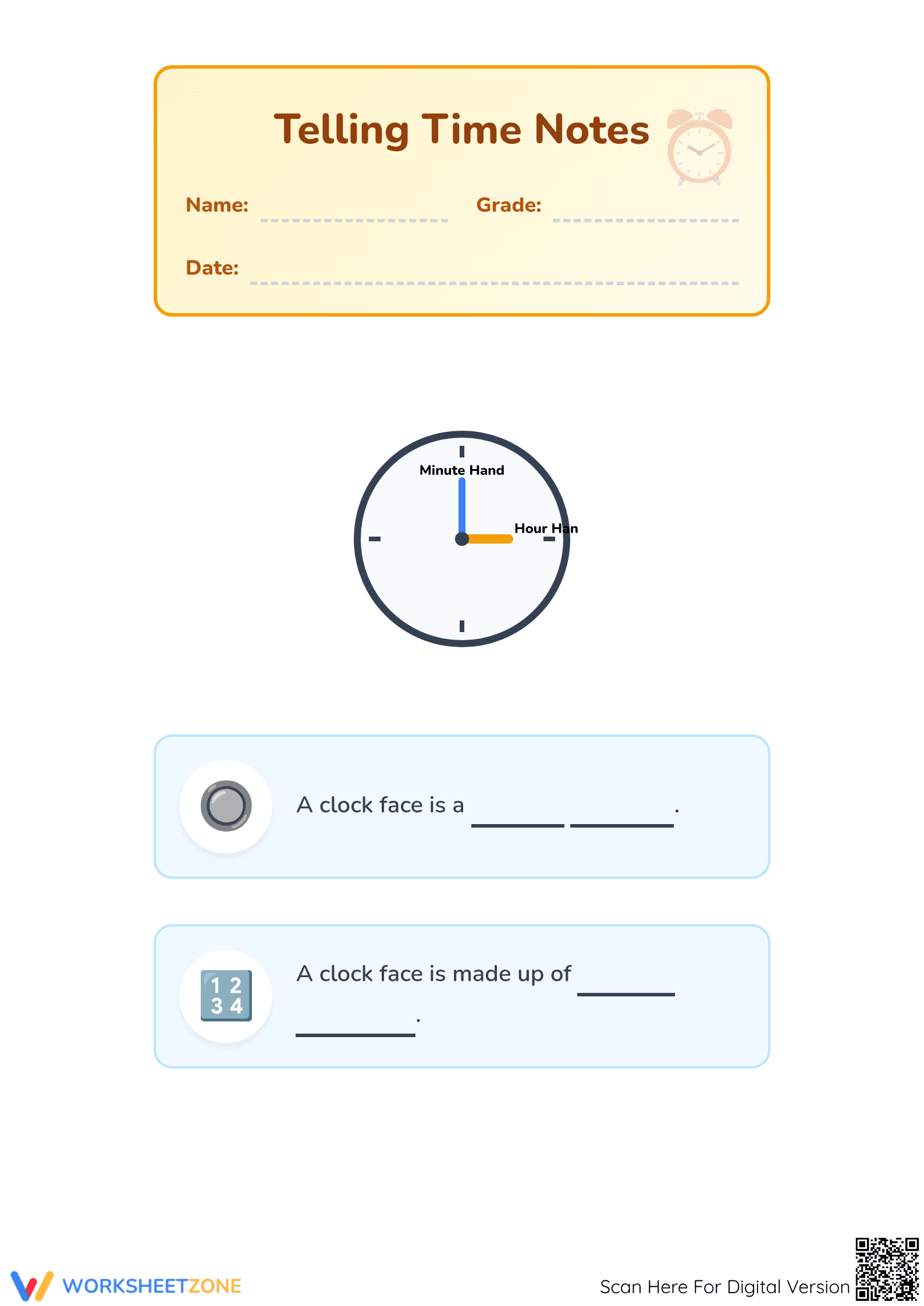 Essential Telling Time Notes | Grade 1 Math - Page 1