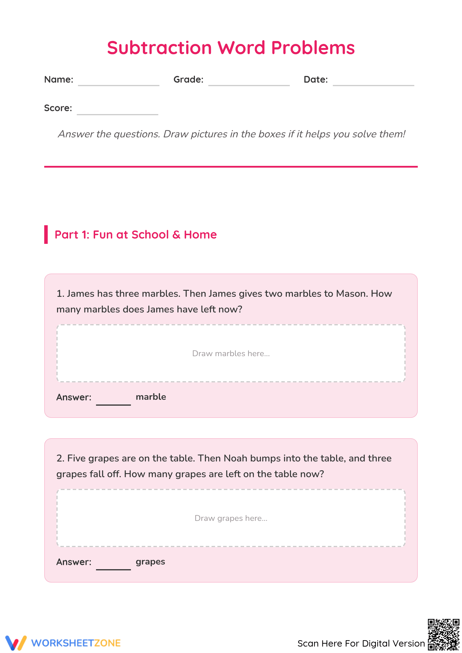 Subtraction Word Problems Printable | Grade 2 Math - Page 1