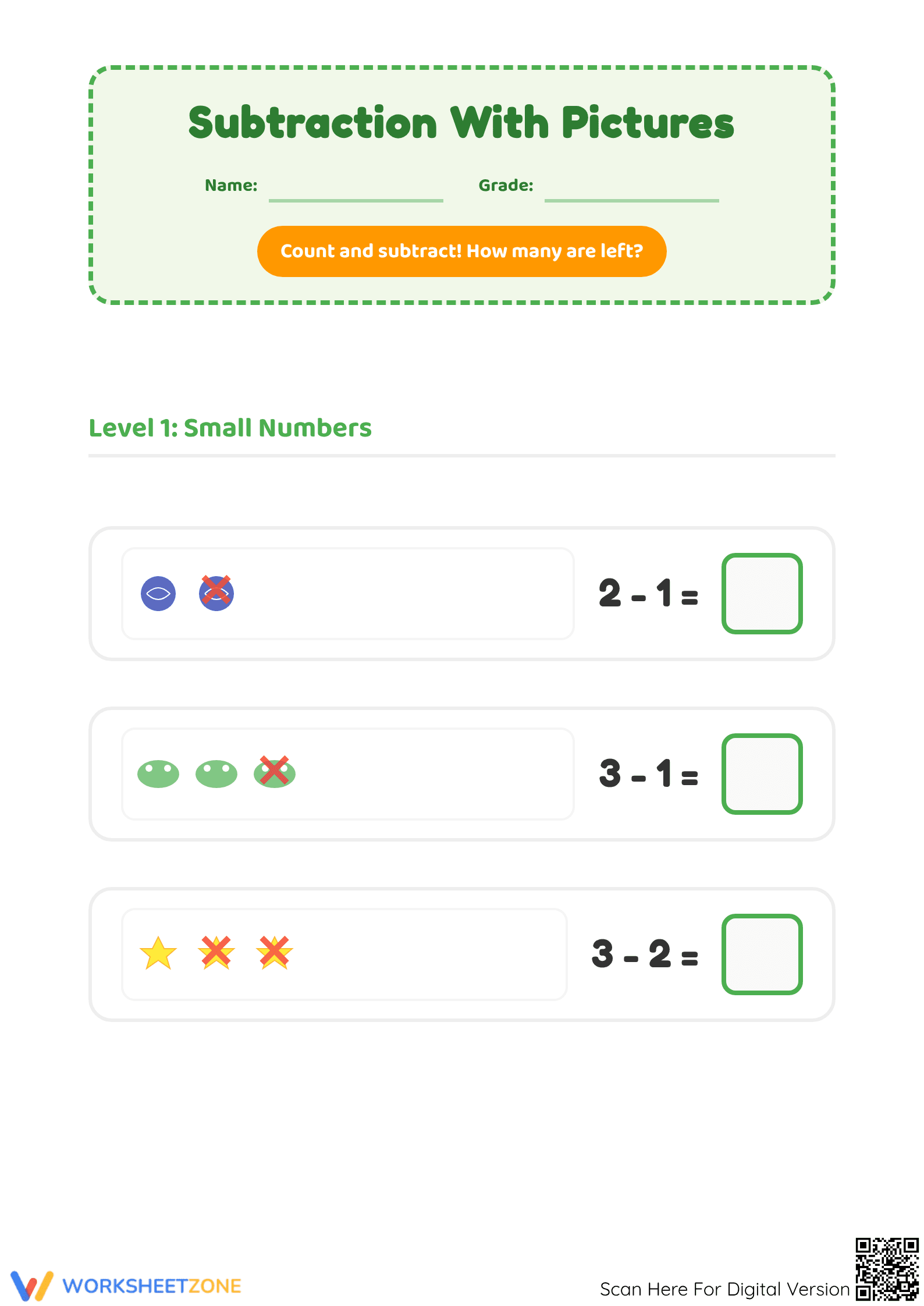 Printable Kindergarten Subtraction Worksheet | Math - Page 1