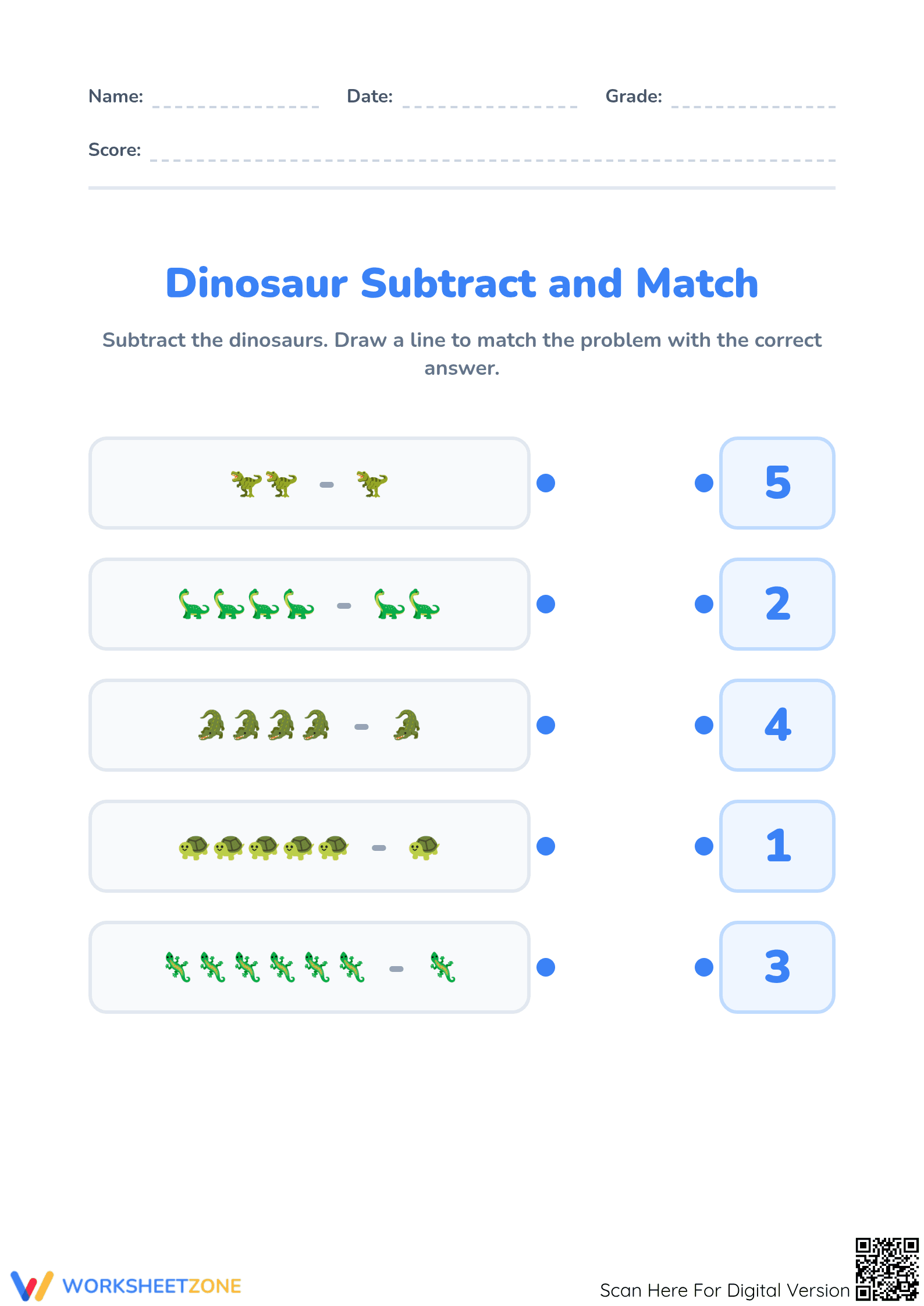 Kindergarten Dinosaur Subtraction — Printable Worksheet - Page 1
