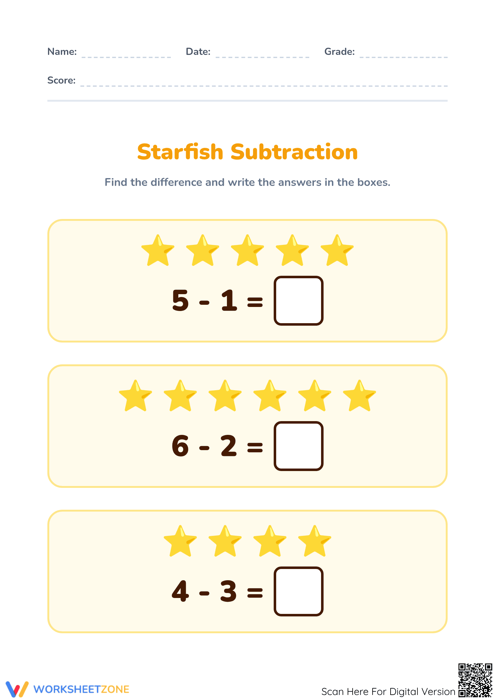 Starfish Subtraction Worksheet | Essential Grade 1 Math - Page 1