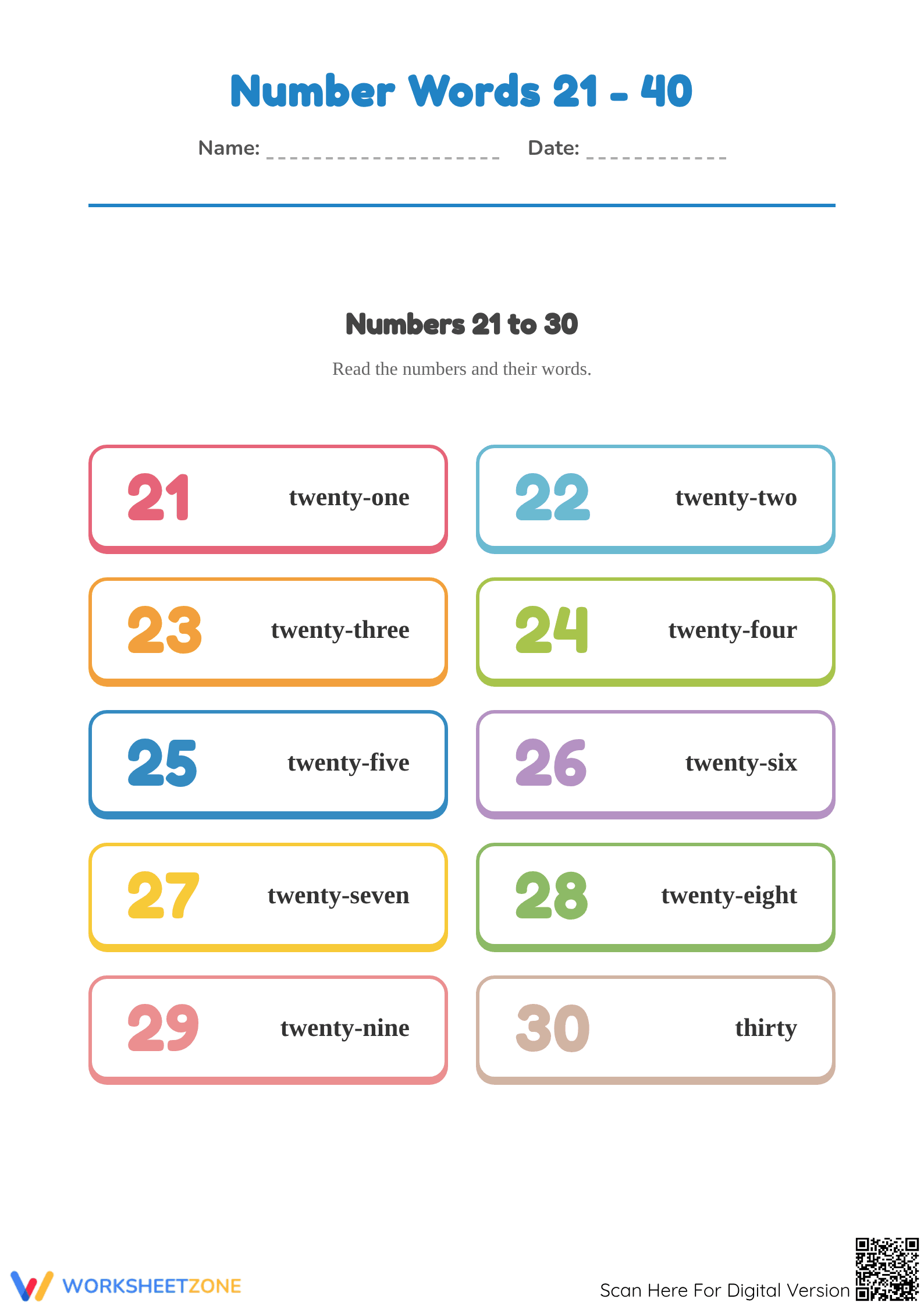 Essential Numbers 21-40 Word Chart | Grade 1 Math - Page 1