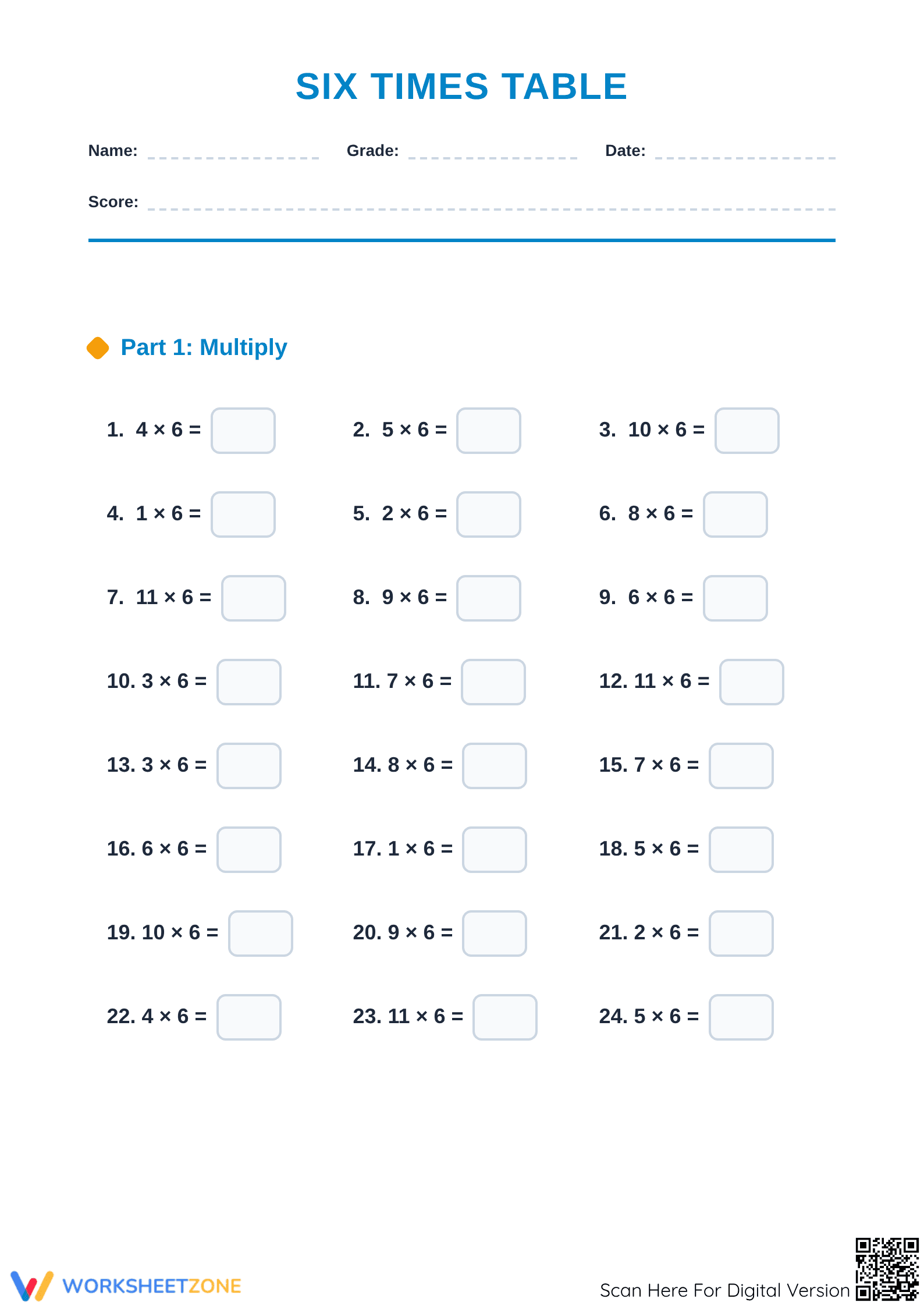 Printable Six Times Table Worksheet | Grade 5 Math - Page 1