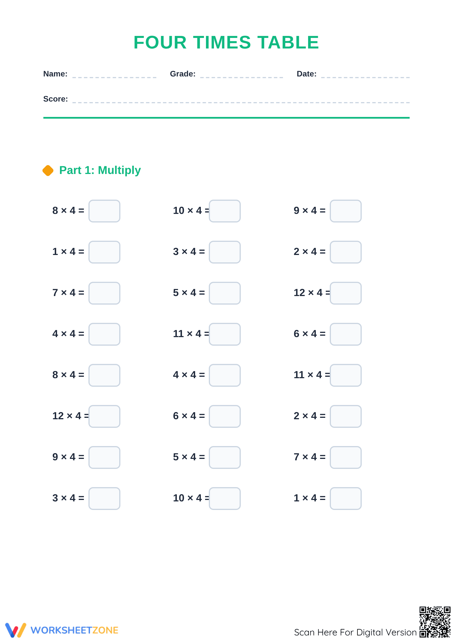 Grade 5 Four Times Table — Printable No-Prep Worksheet - Page 1