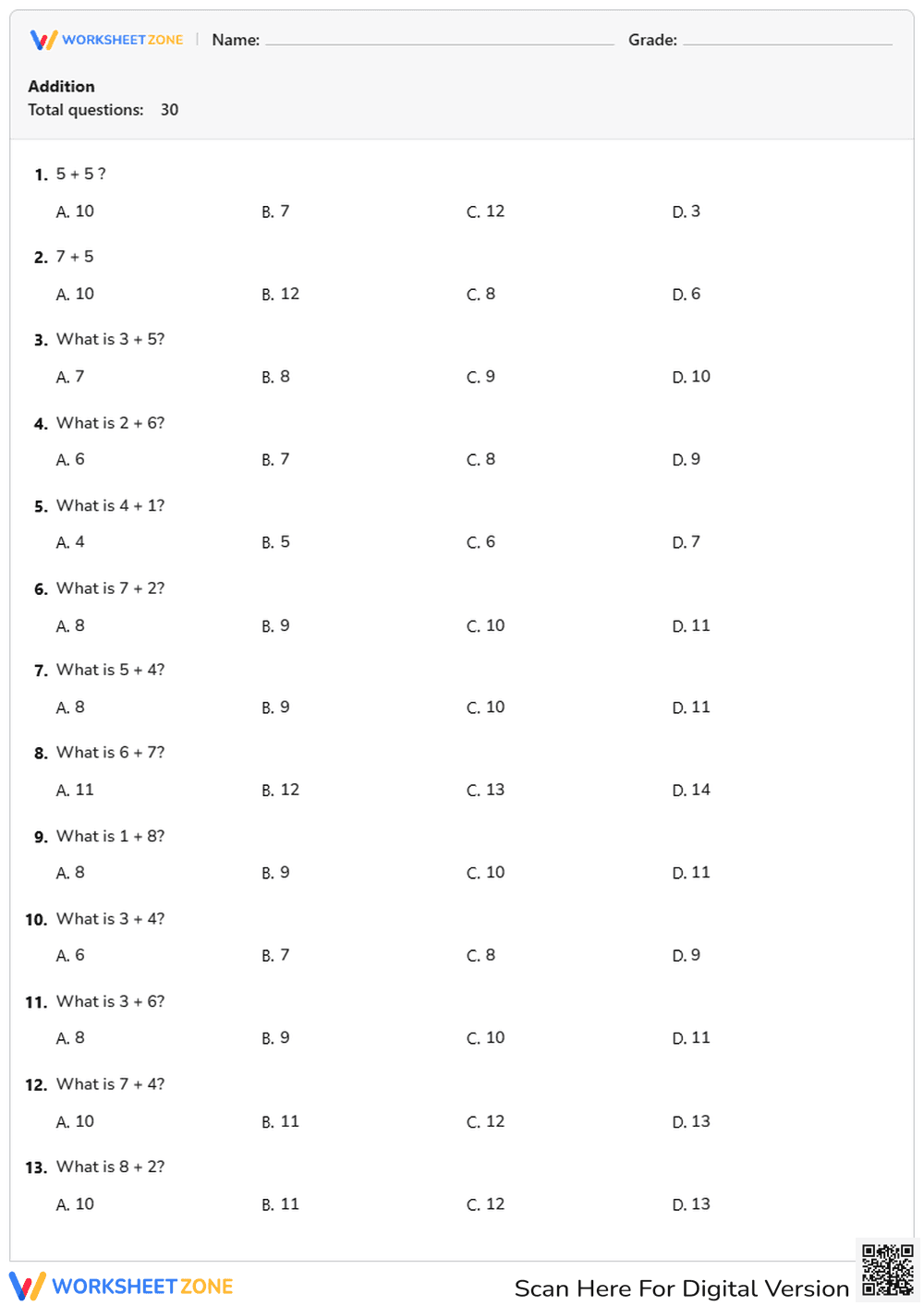 Multiple-Choice Addition Test for Students - Page 1