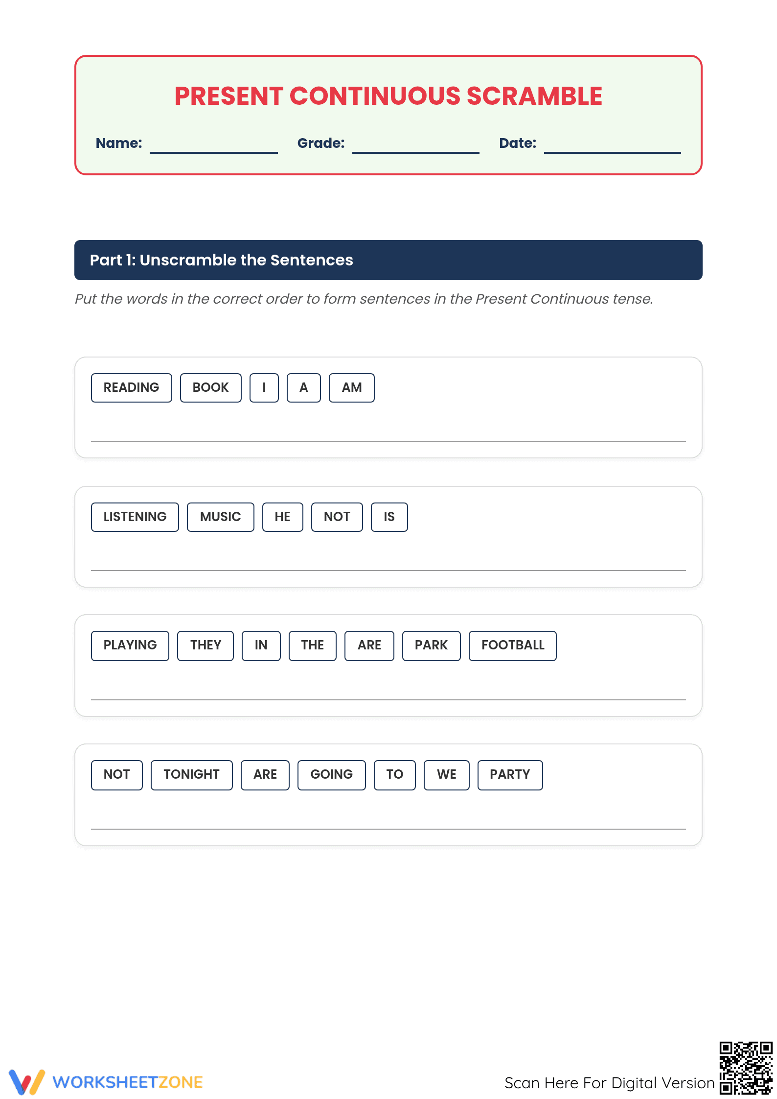 Grade 6 Present Continuous — Printable No-Prep Worksheet - Page 1