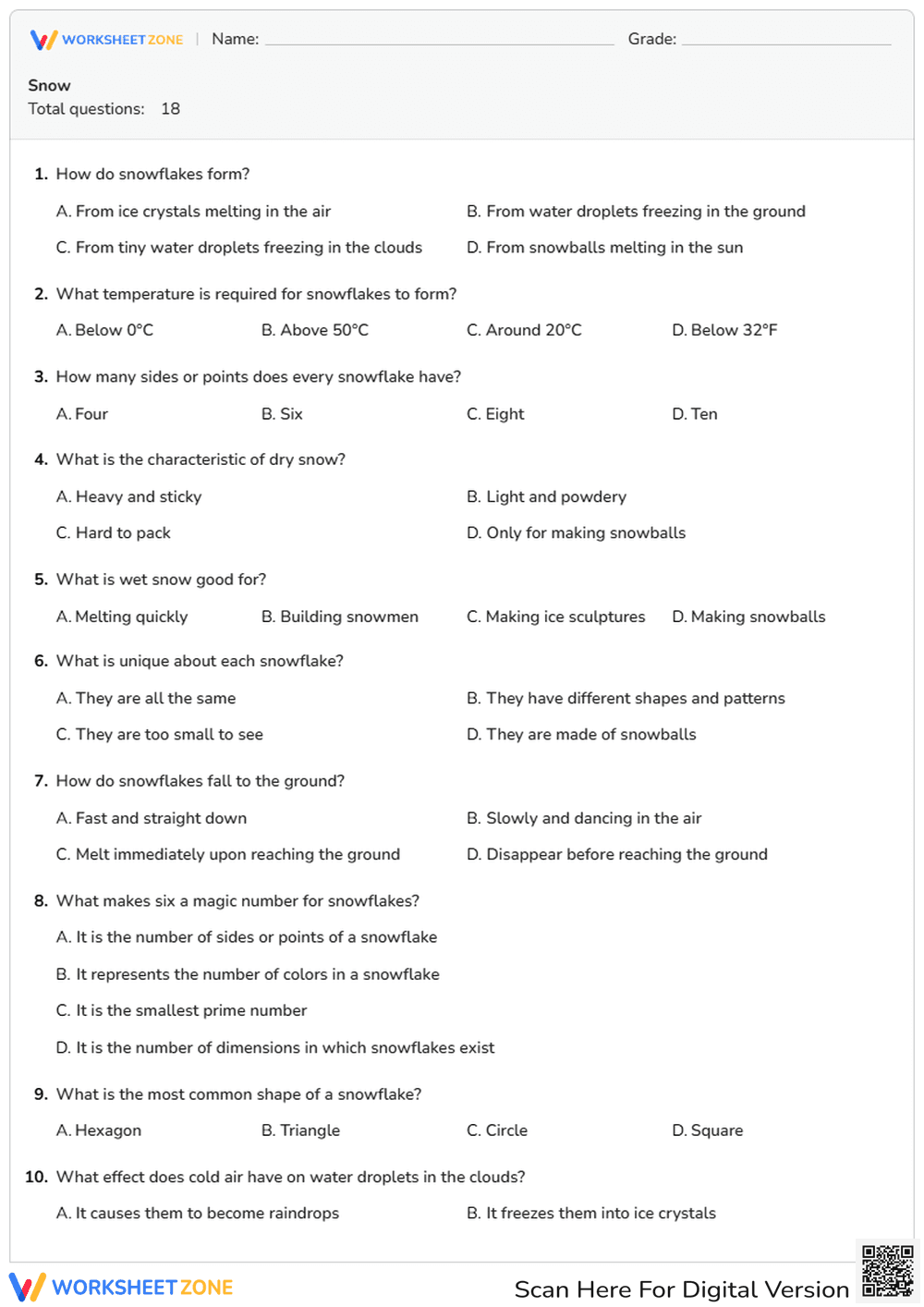 Snow Math & Science Worksheet | Grade 1 Essential - Page 1