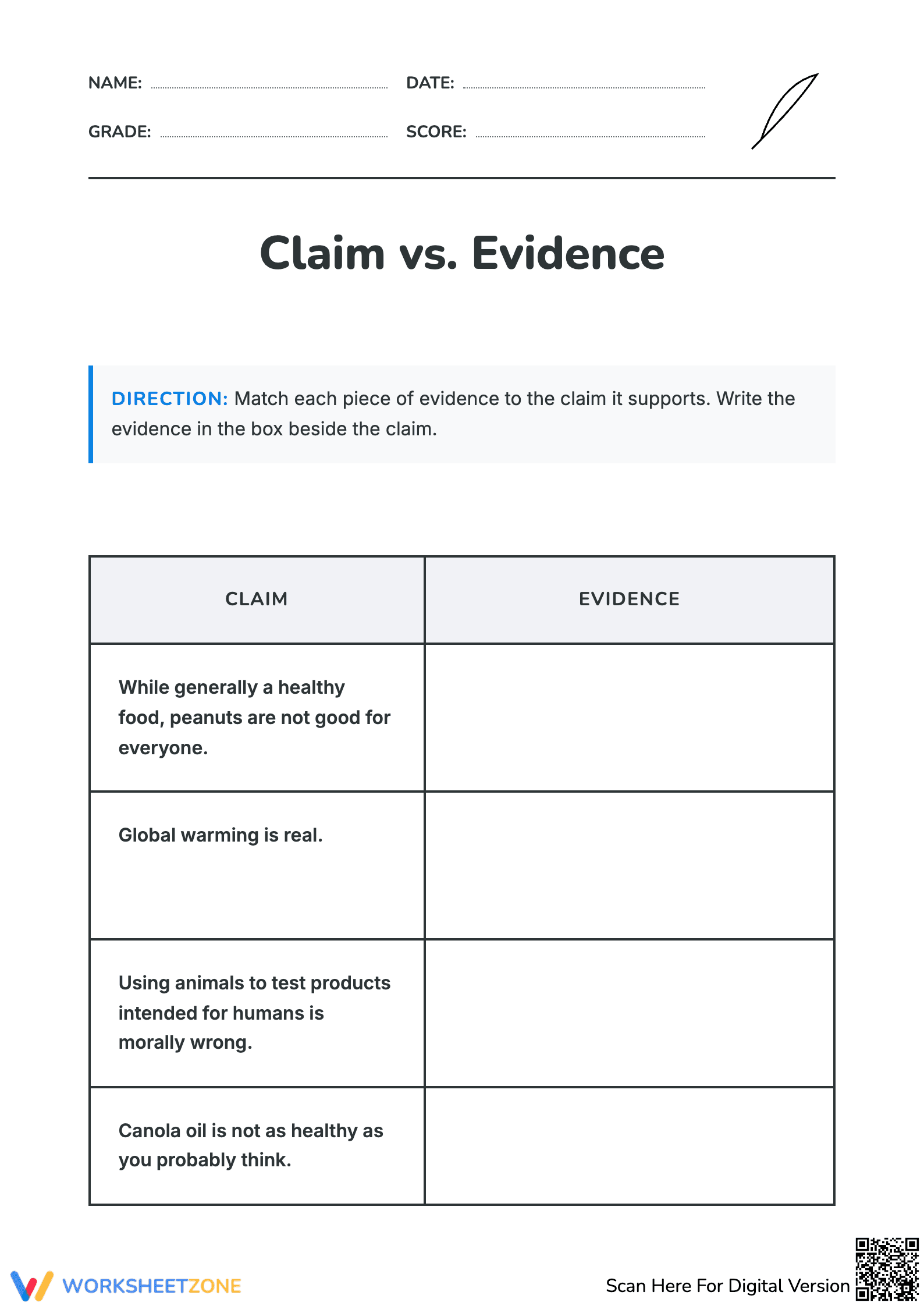 Claim vs. Evidence Matching Worksheet - Page 1