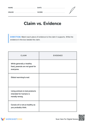 Claim vs. Evidence Matching Worksheet