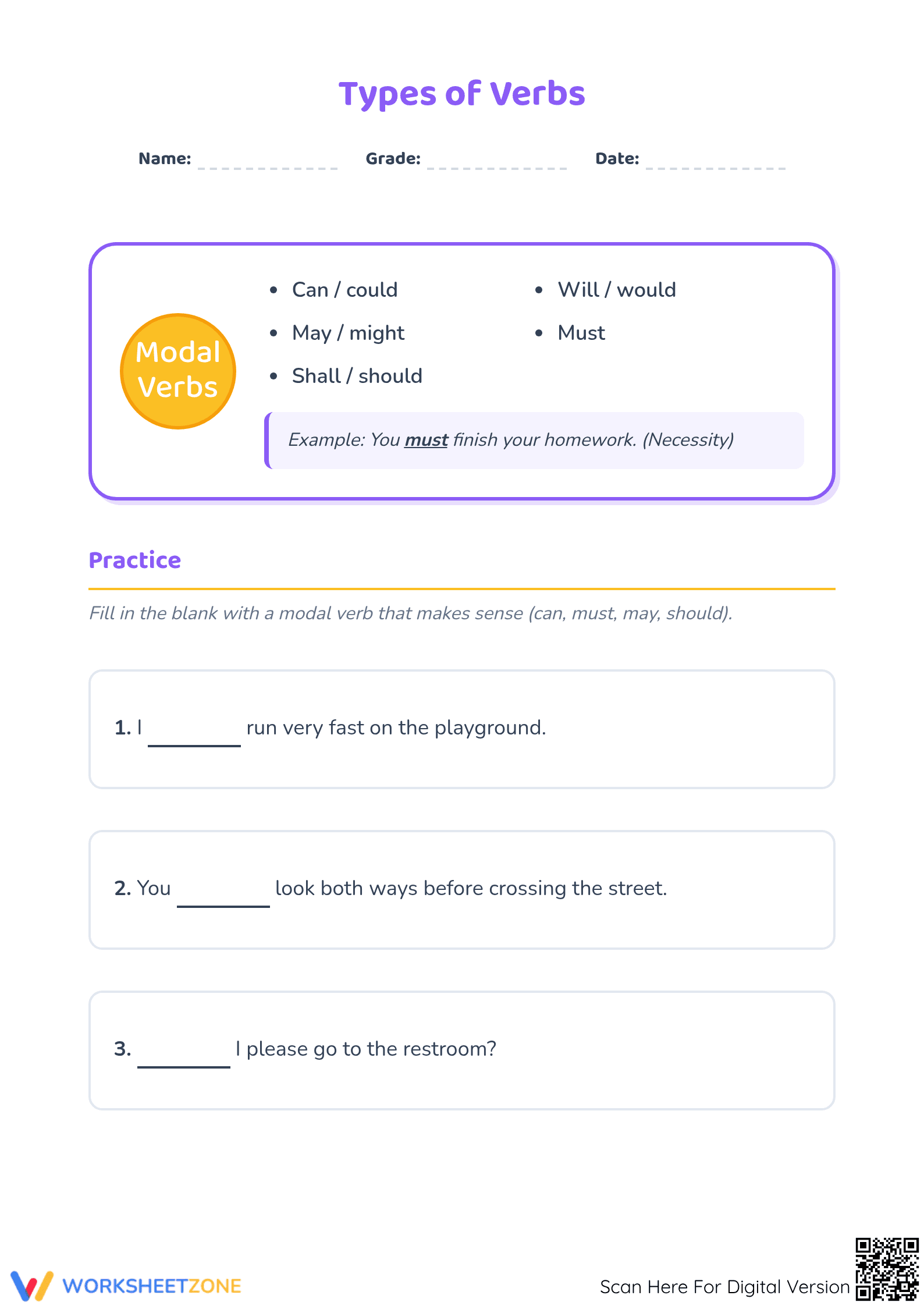 Printable Modal Verbs Worksheet | Grade 3 ELA - Page 1