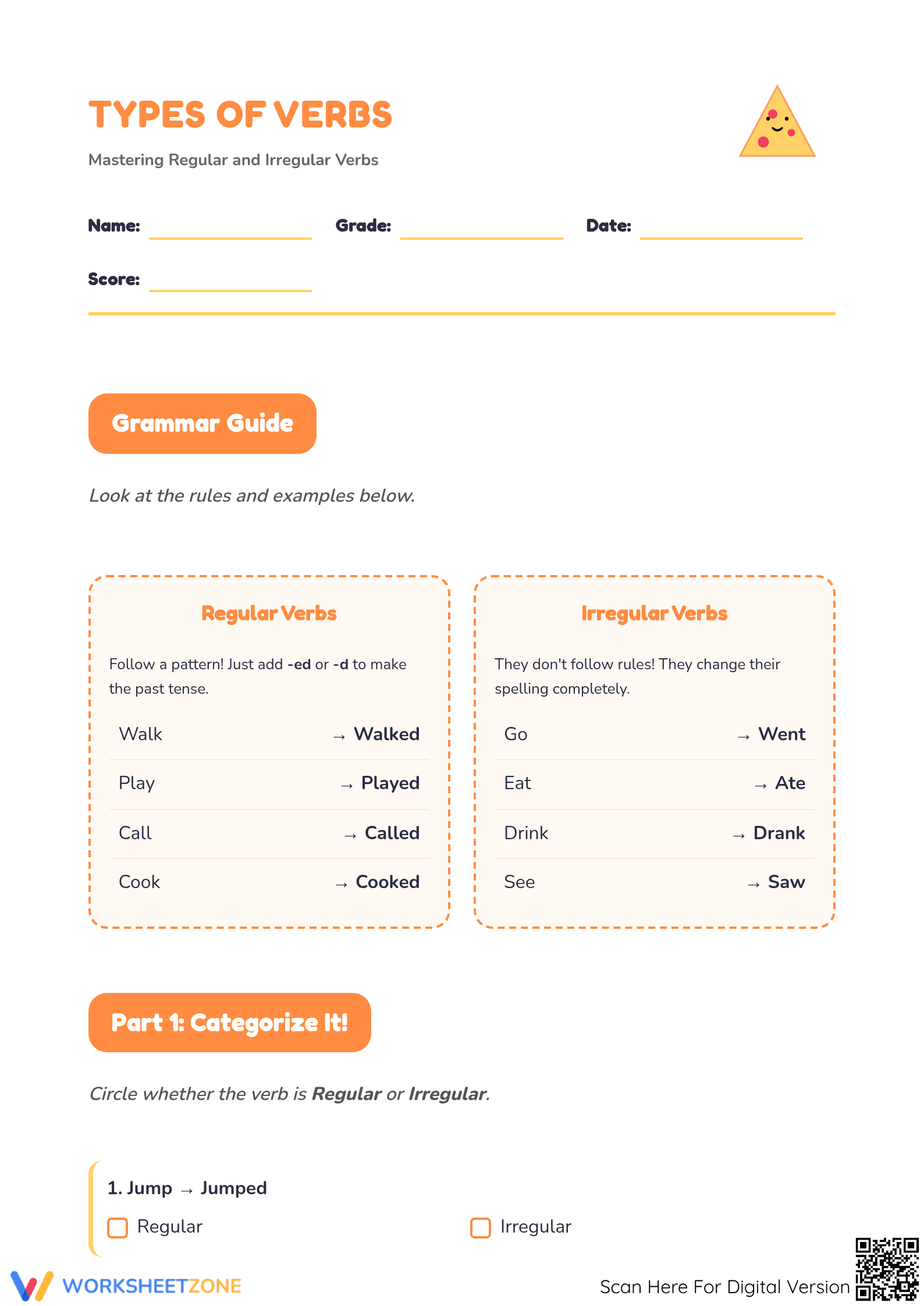 Regular vs. Irregular Verbs Printable Worksheet | Grade 3 - Page 1