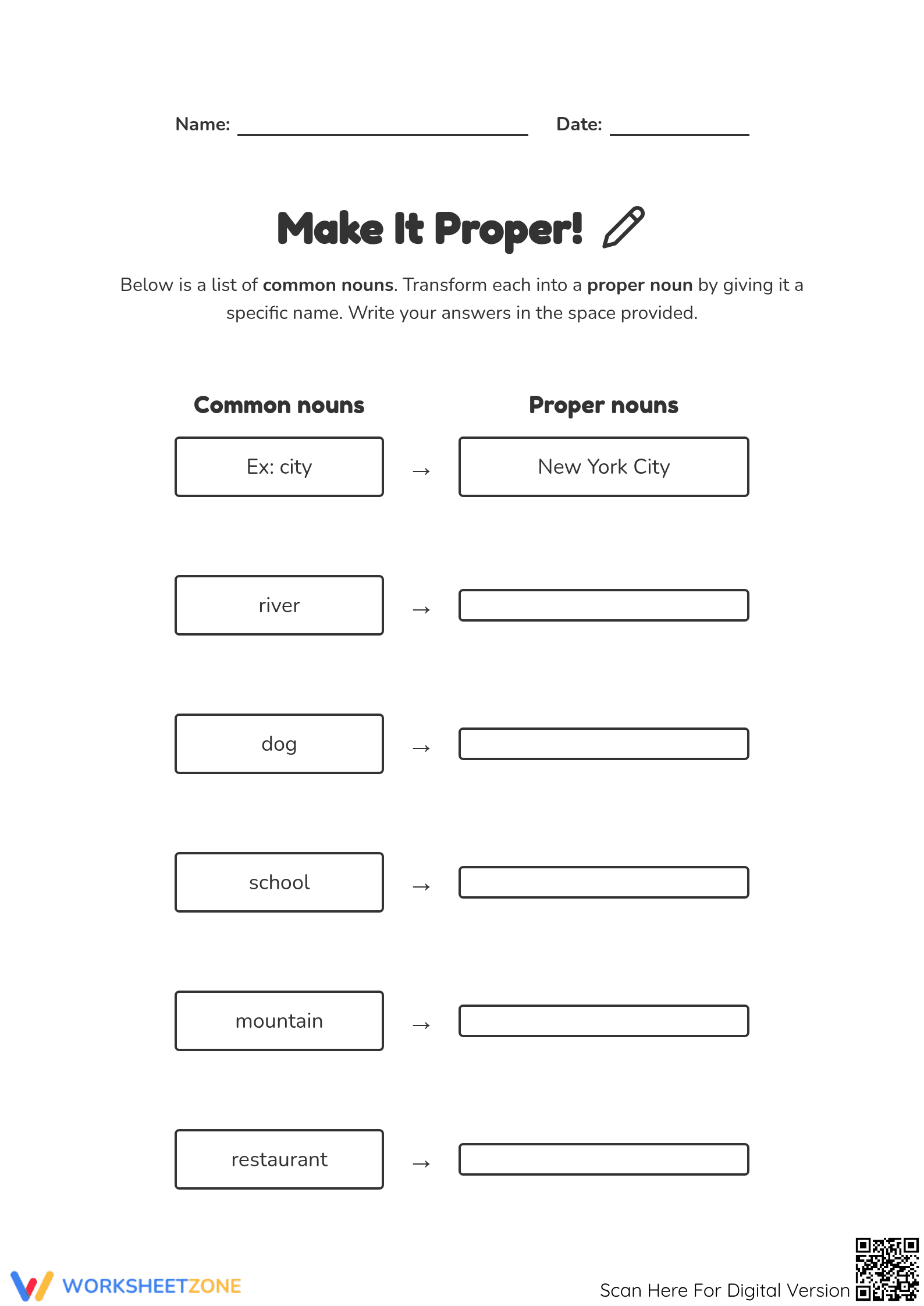 Proper Noun Transformation Worksheet | Grade 3 Essential - Page 1