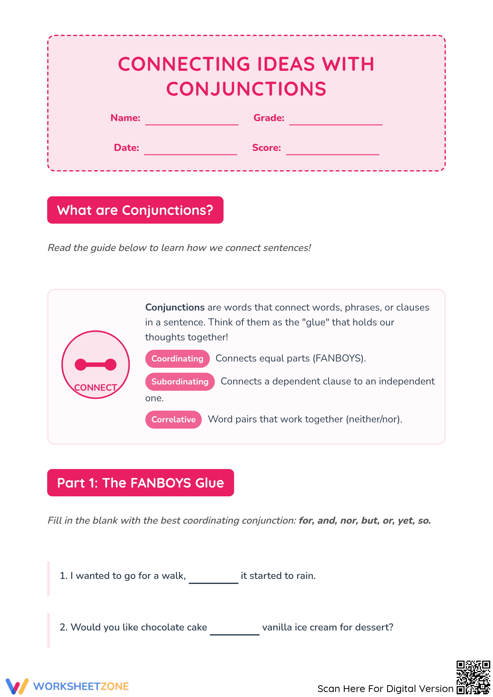 Printable Conjunctions Worksheet | Grade 3-4 ELA - Page 1
