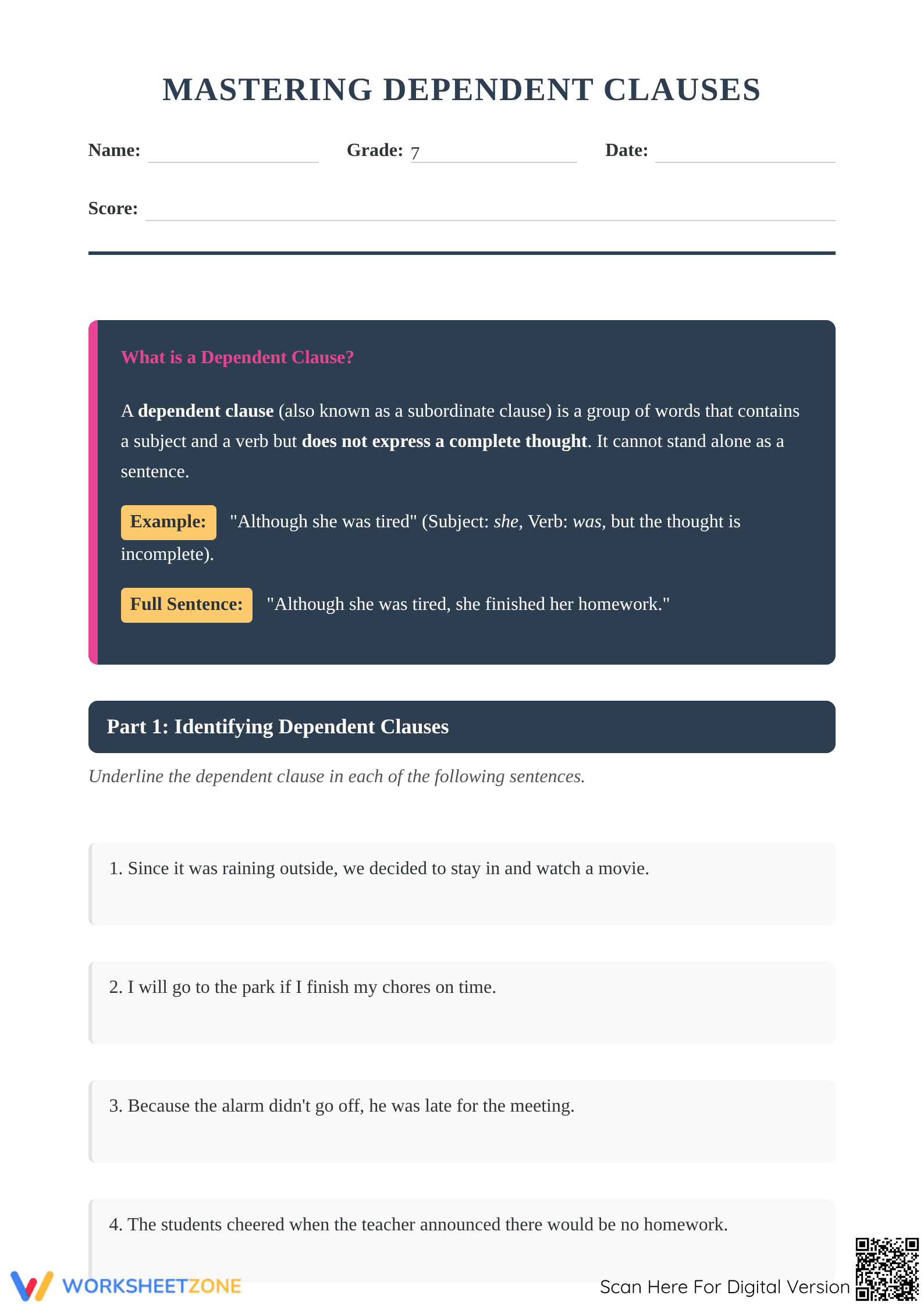Dependent Clause Worksheet | Grade 7 Printable - Page 1