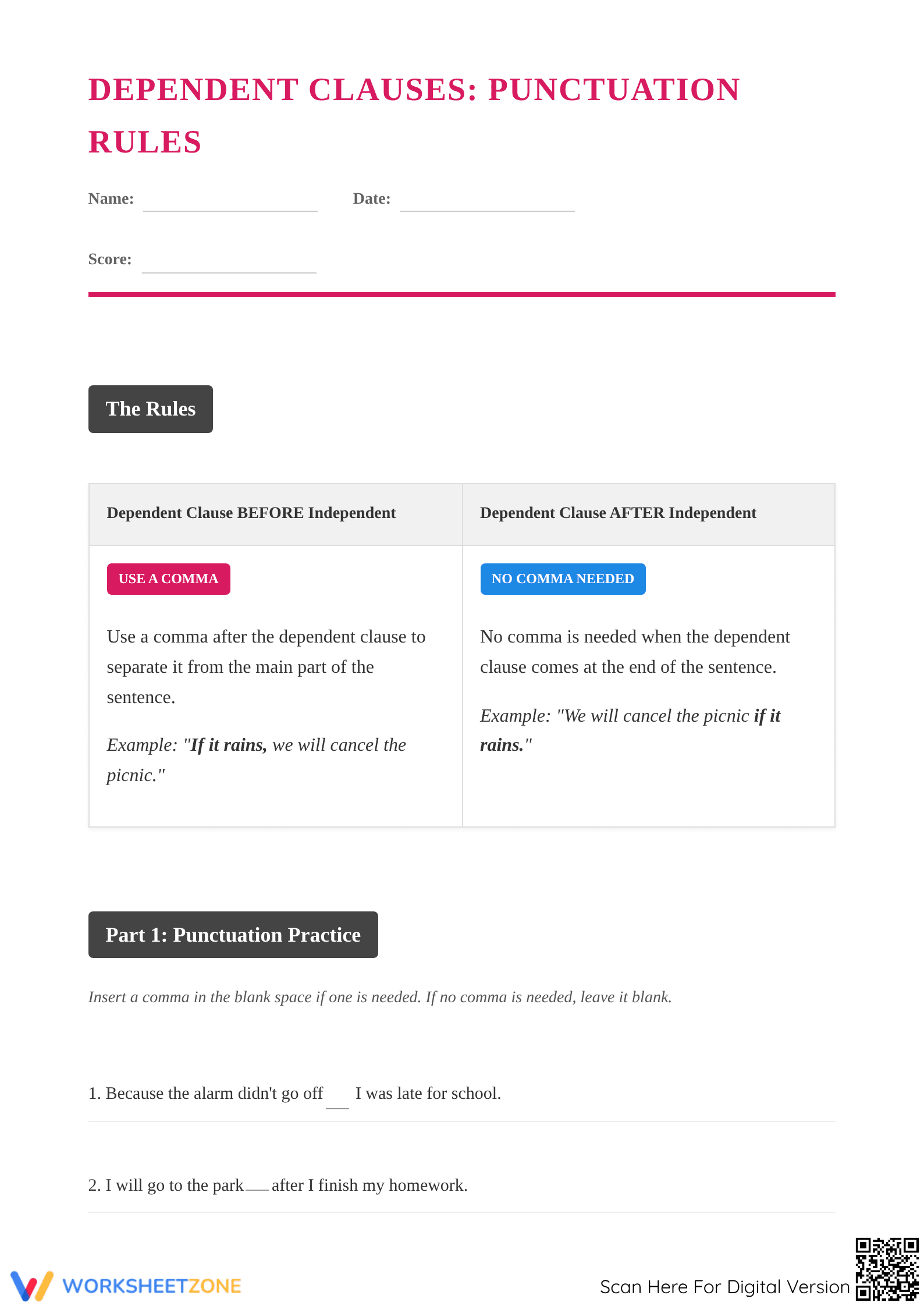 Dependent Clause Punctuation Worksheet | Grade 6-7 Essential - Page 1