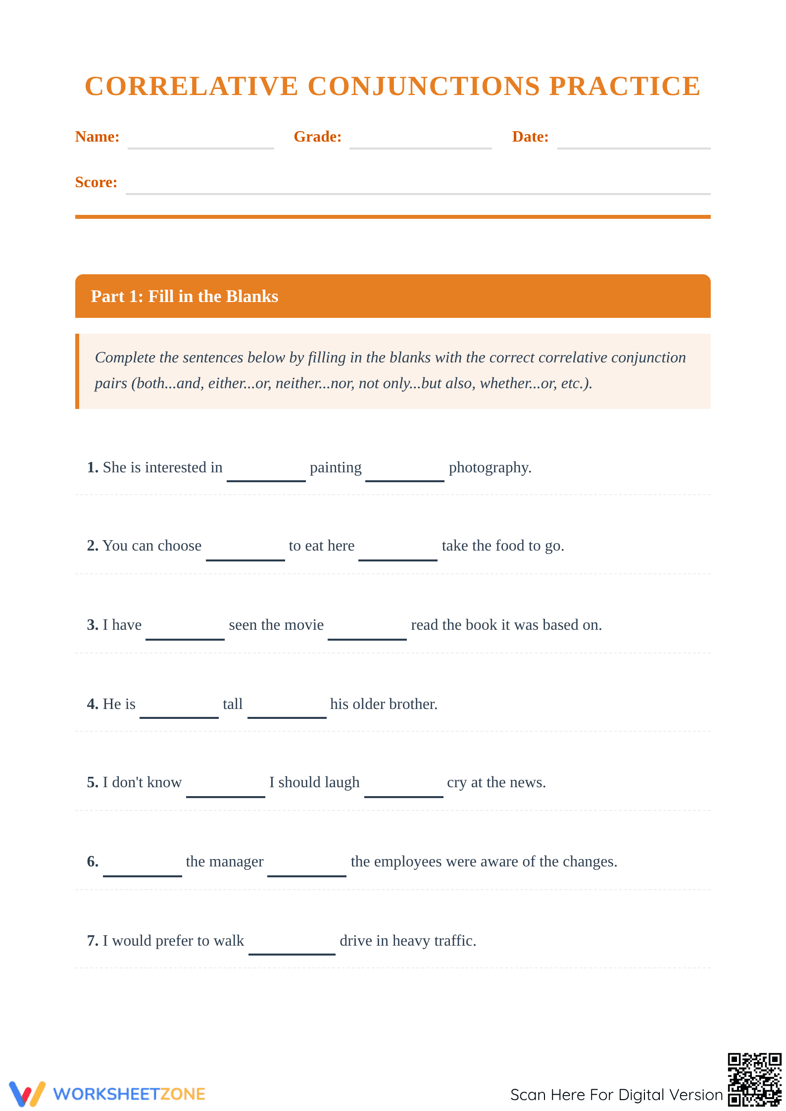 Correlative Conjunctions Worksheet | Printable Grade 5-8 - Page 1