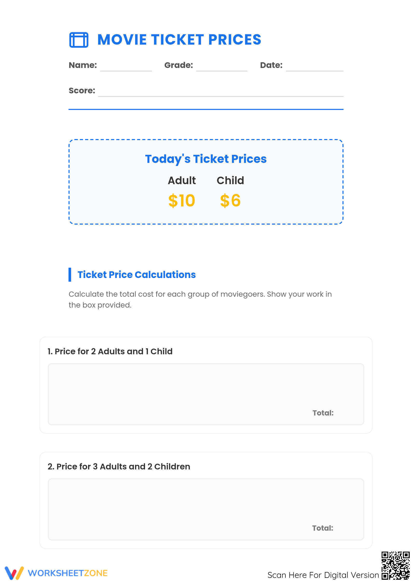 Movie Ticket Money Math | Grade 5 Essential Worksheet - Page 1
