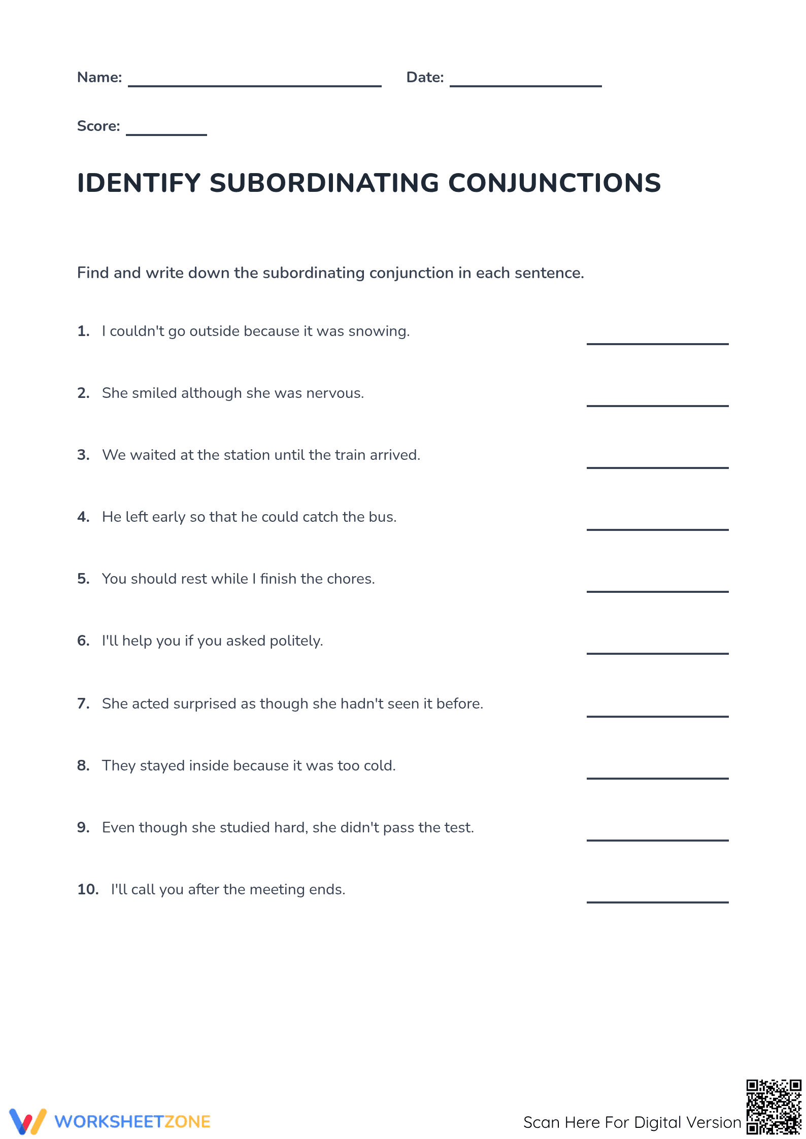 Subordinating Conjunctions Worksheet | Grade 5 Essential - Page 1