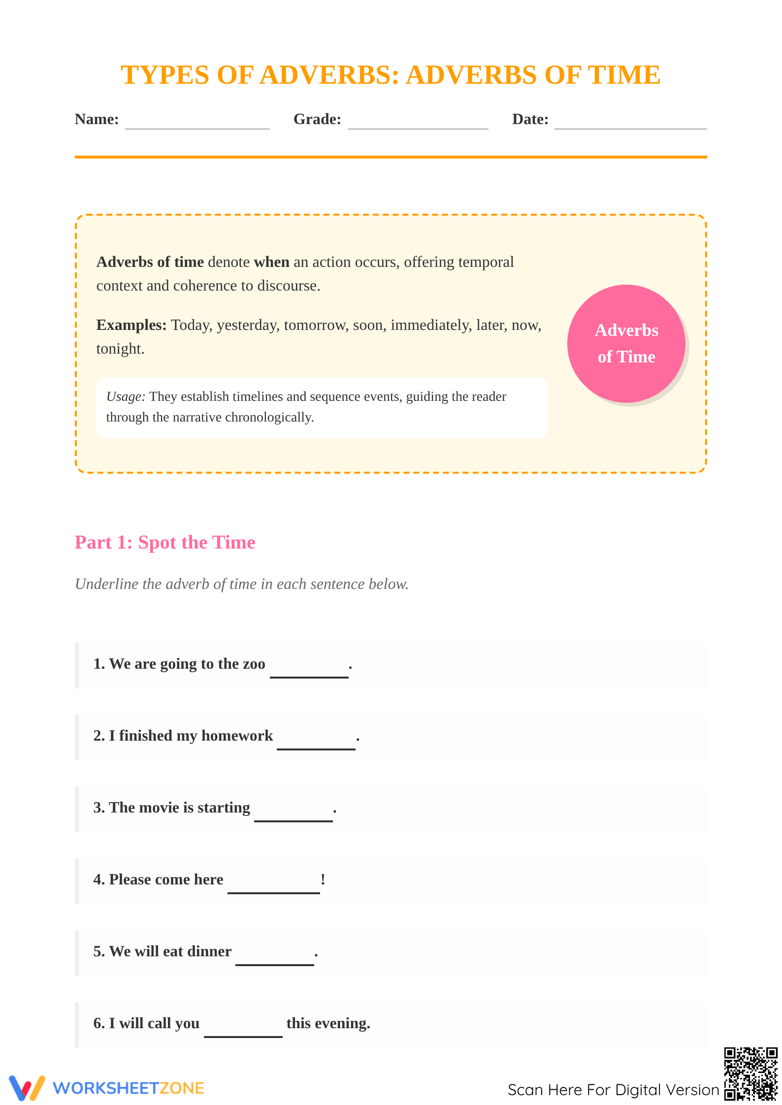 Adverbs of Time Worksheet | Grade 4 Essential Practice - Page 1