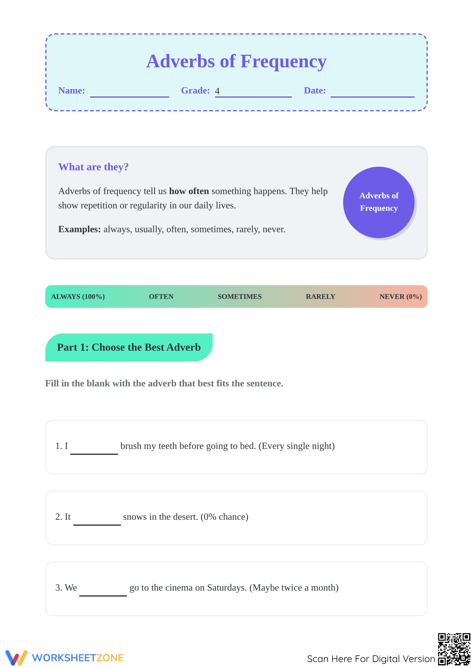 Adverbs of Frequency Worksheet | Grade 4 Printable - Page 1