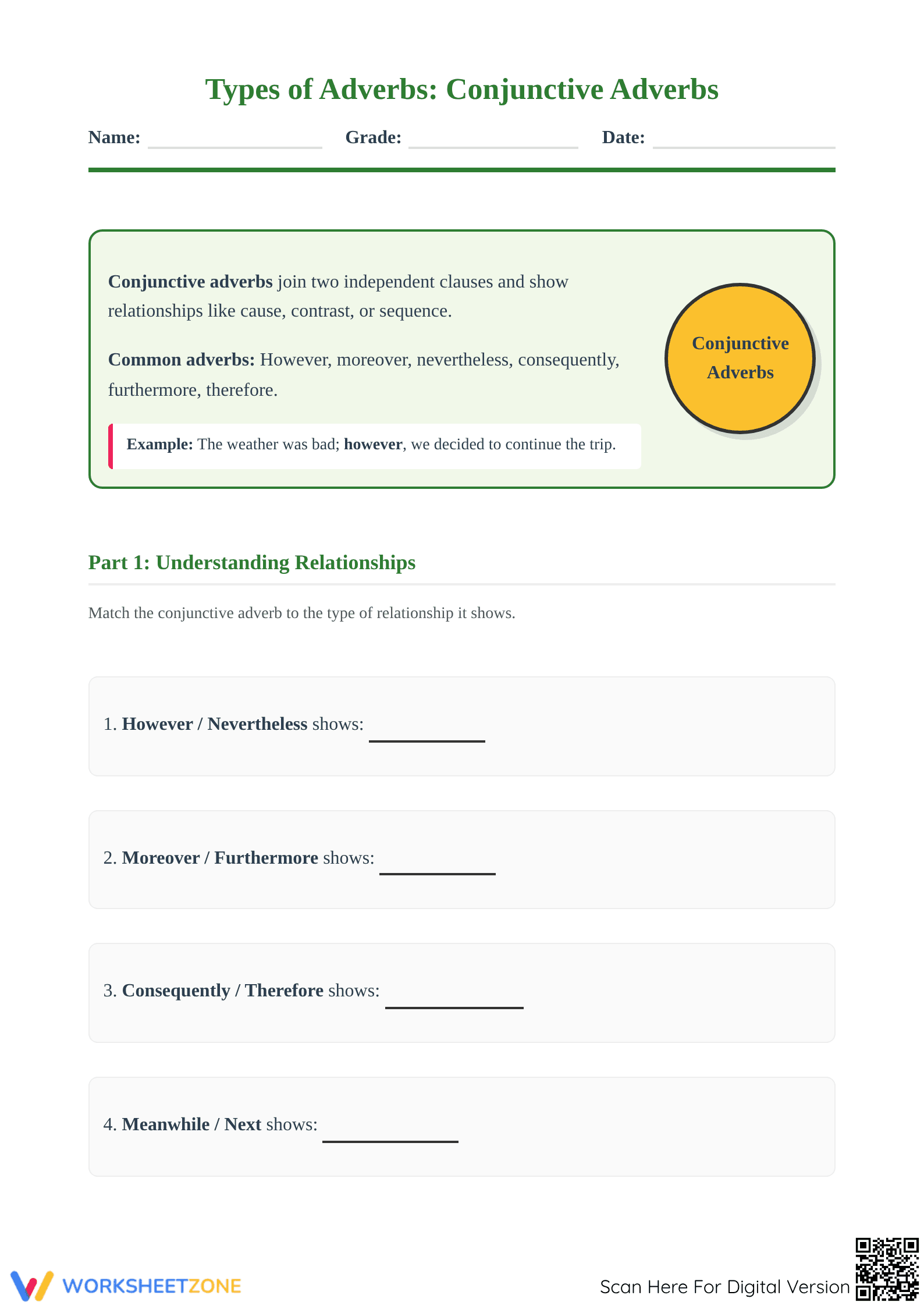 Essential Conjunctive Adverbs Worksheet | Grade 4 ELA - Page 1