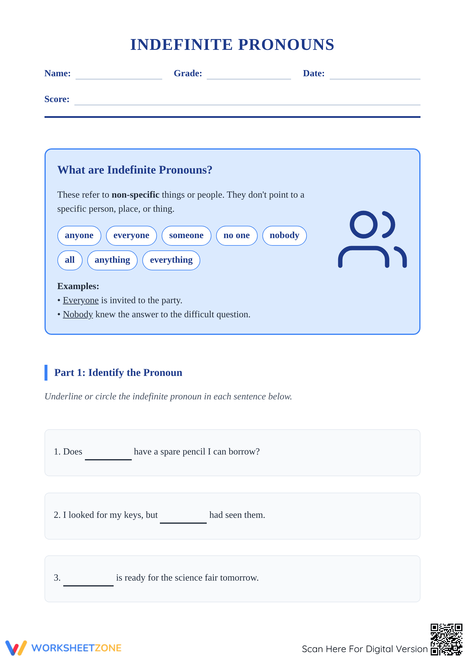 Indefinite Pronouns Worksheet | Grade 5 Essential Practice - Page 1
