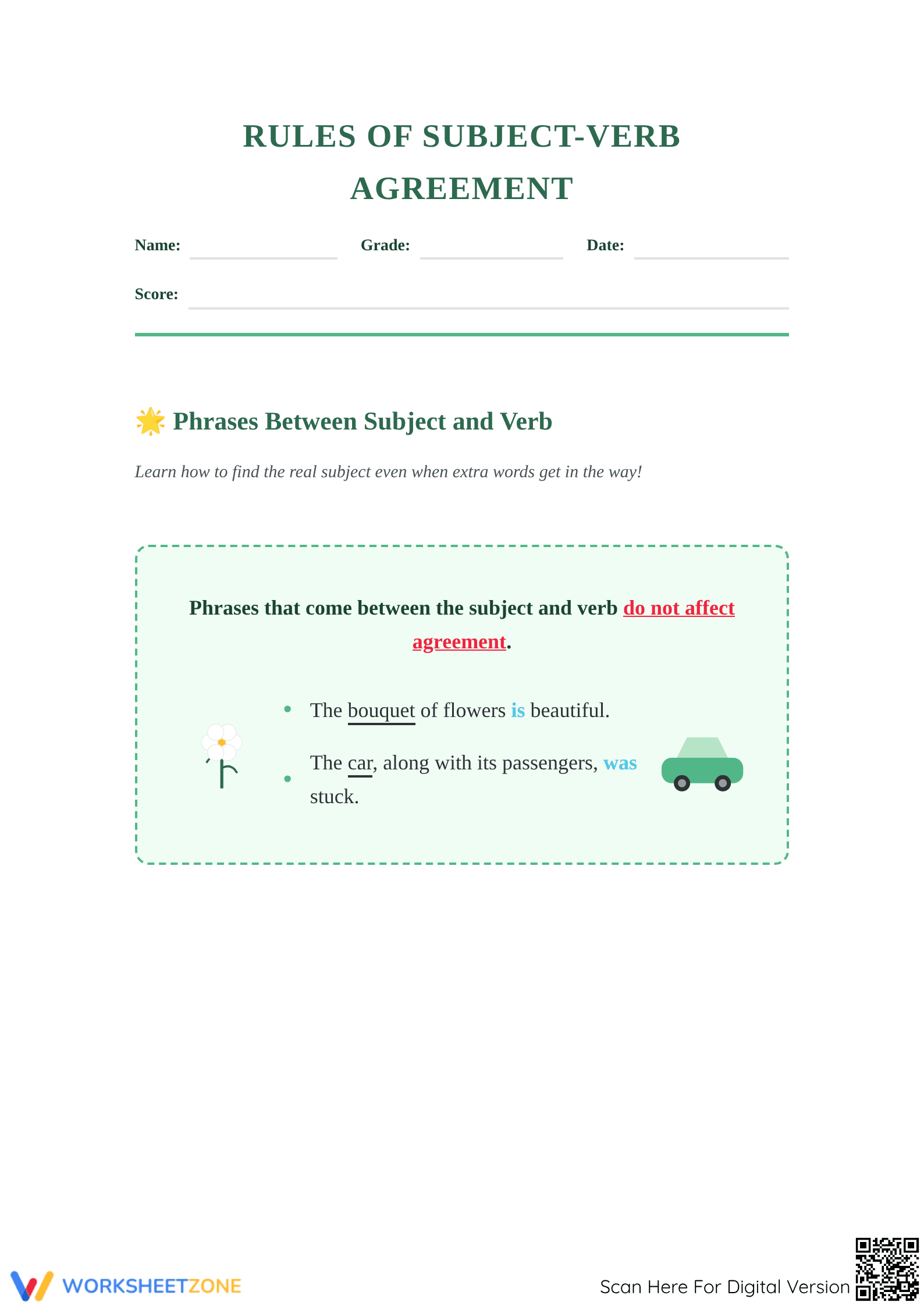 Subject-Verb Agreement Printable Worksheet | Grade 3 ELA - Page 1