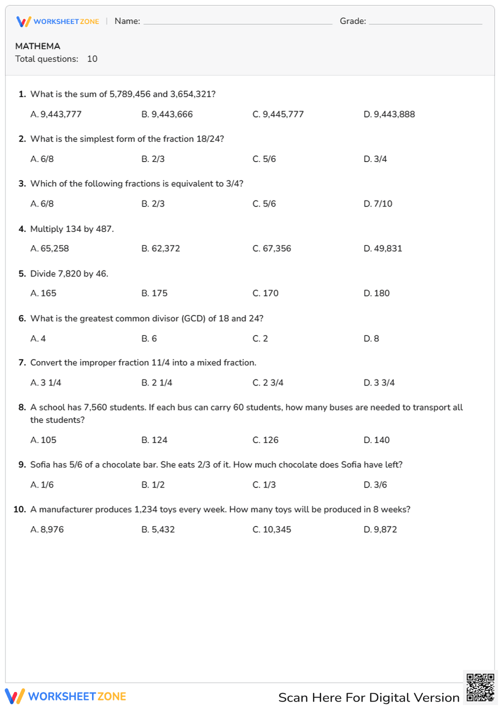 MATHEMATICS QUIZ 01 CLASS VI - Page 1