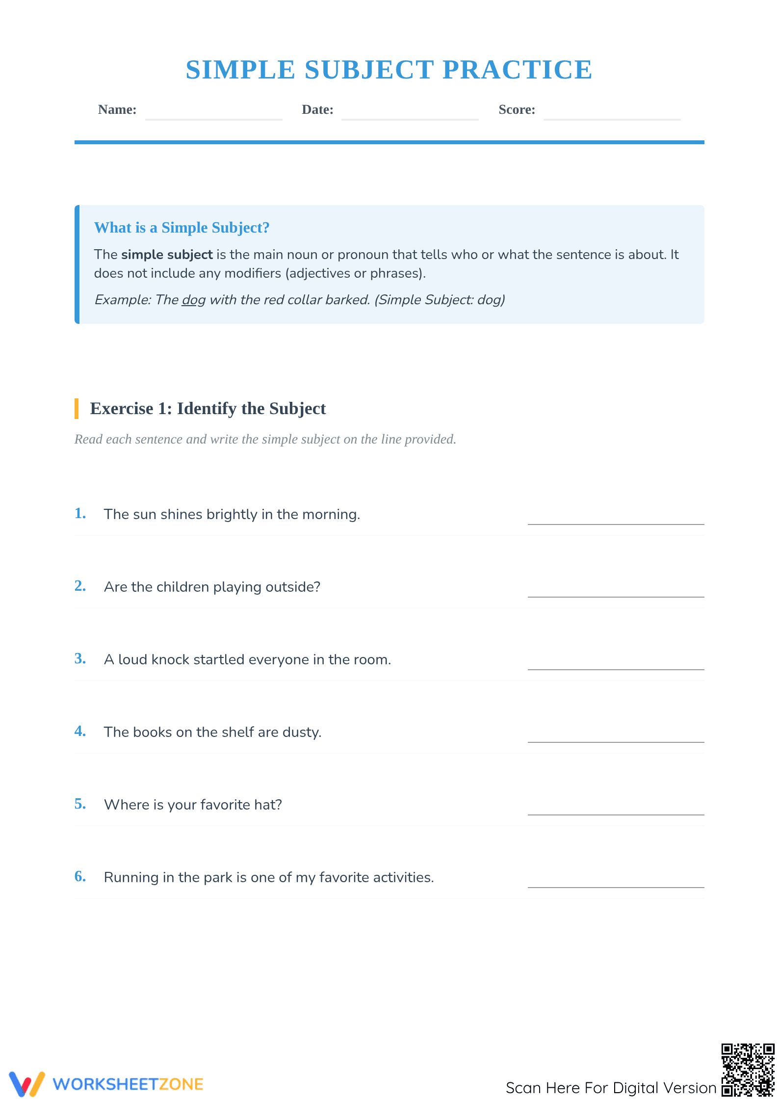 Simple Subject Practice Worksheet | Grade 3-5 Essential - Page 1